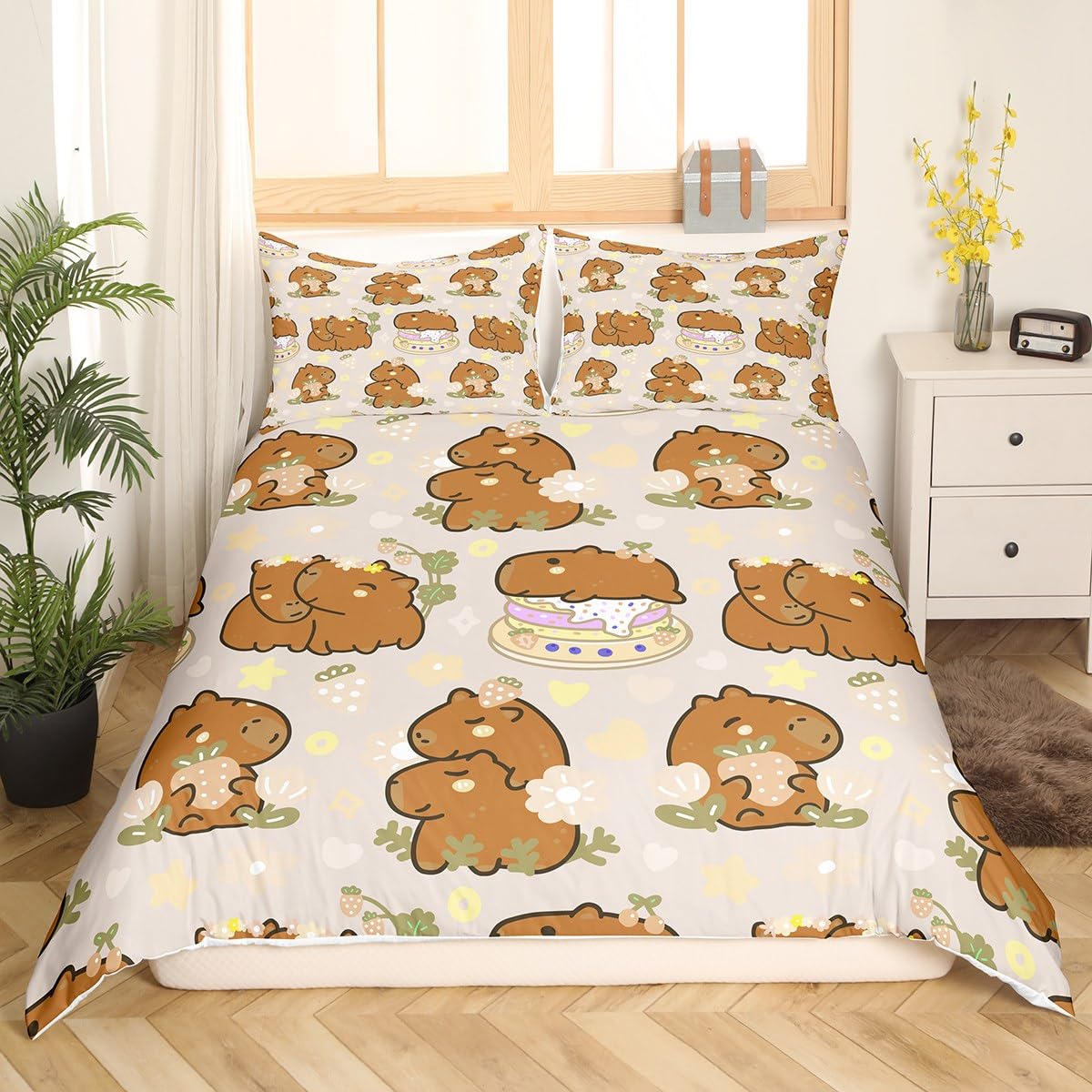 Homewish Cute Capybara Duvet Cover King, Strawberries Bedding Set, Kawaii Animal Cartoon Cake Comforter Cover