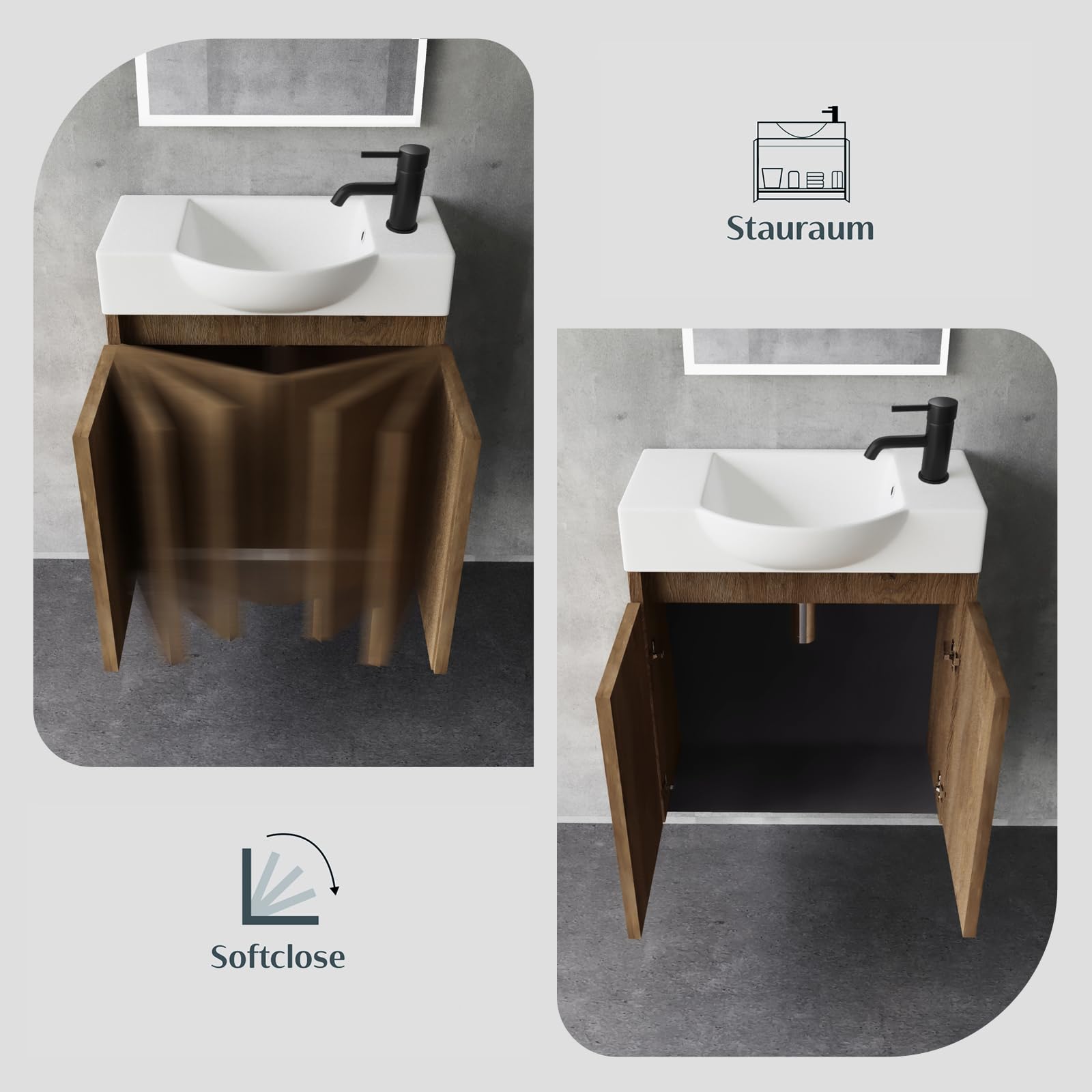 Alpenberger Waschtisch mit Unterschrank 55 cm Breit | Waschbecken mit Unterschrank Bad Möbel Modern Set | Kleines Waschbecken Gäste WC Möbel | Waschbeckenunterschrank Badezimmermöbel (Eiche)