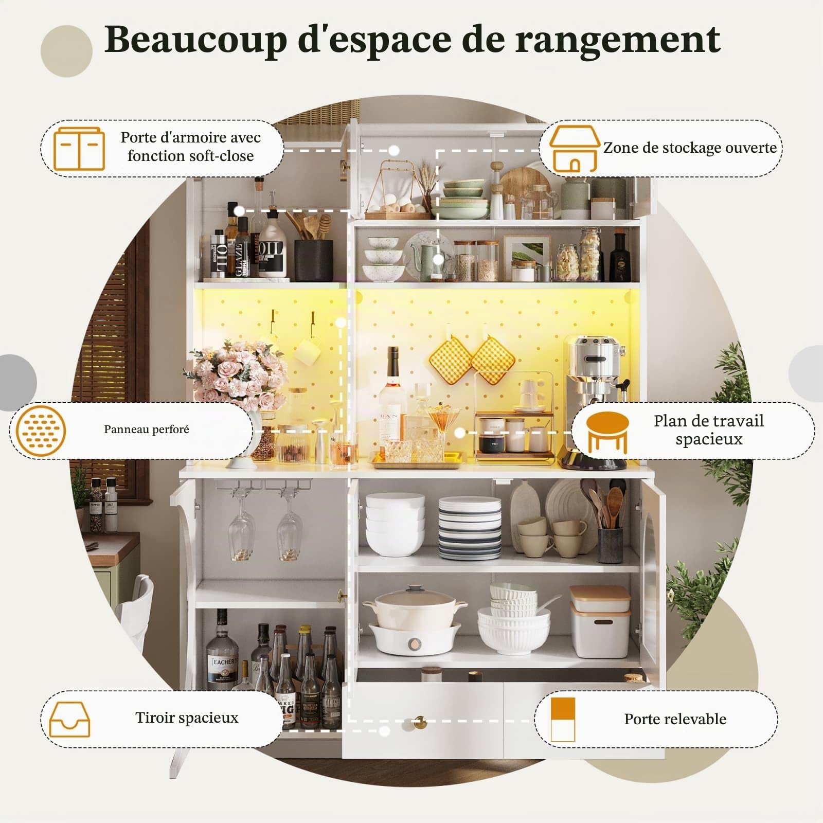 Buffet Haut de Cuisine,Armoire de Salon Moderne,Buffet Salle a Manger,Meuble de Rangemen avec Prises électriques et éclairage LED,120x40x176cm (Blanc-A)