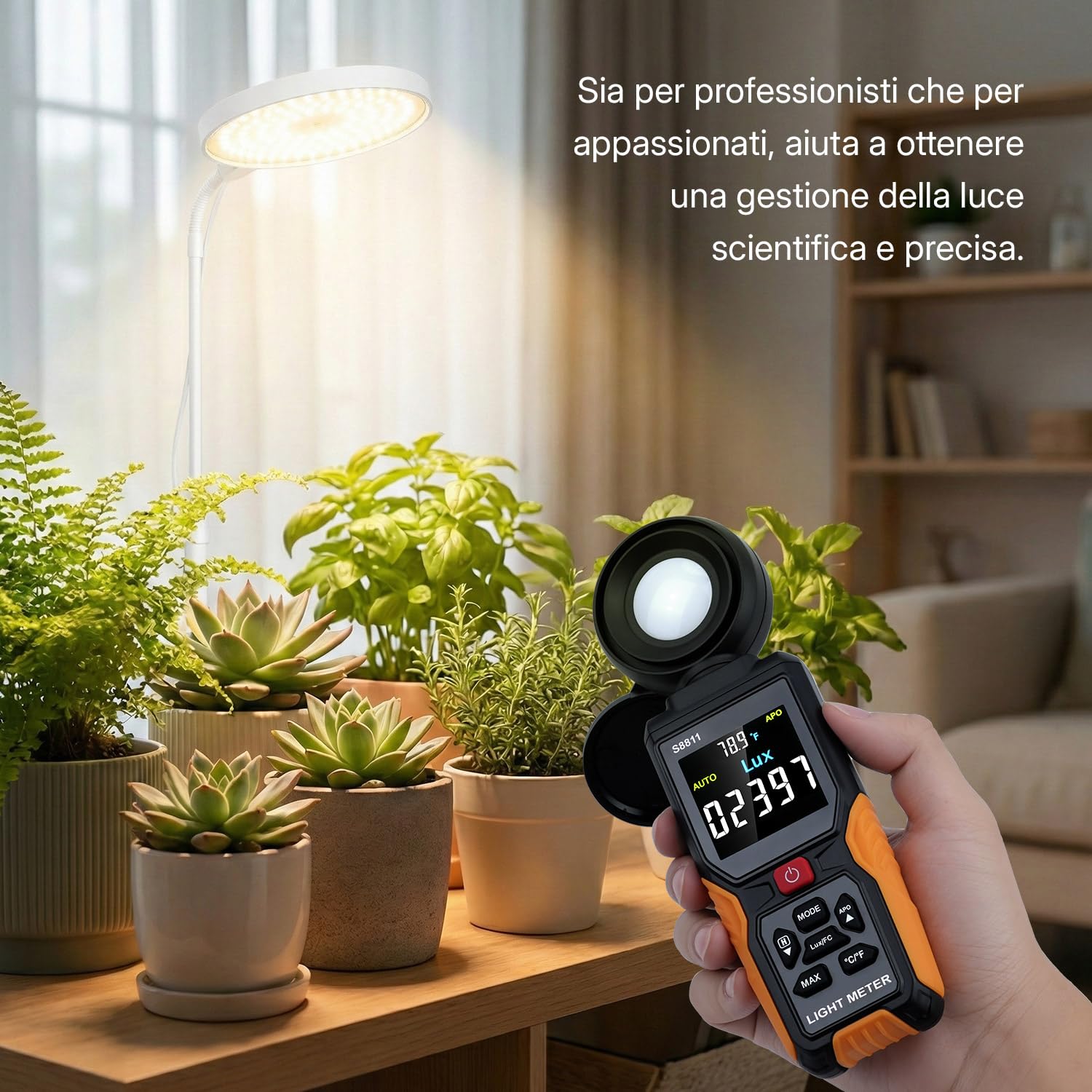 Mcbazel Misuratore di Luce Digitale, Lux/FC 200.000 Misuratore di Illuminazione ad Alta Precisione con Sensore Ruotabile a 270° e Display a Colori HD con Temperatura Ambiente per Piante, Fotografia
