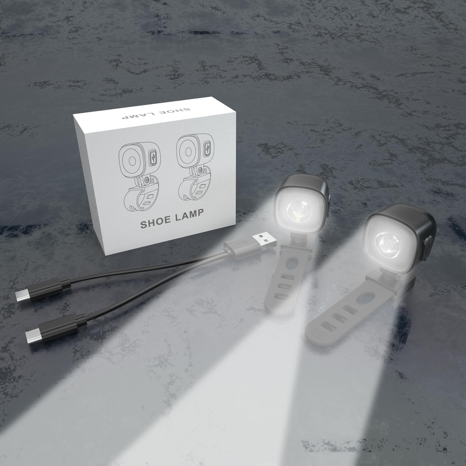 Package contents including two shoe lights and a dual USB-C charging cable next to a white product box.