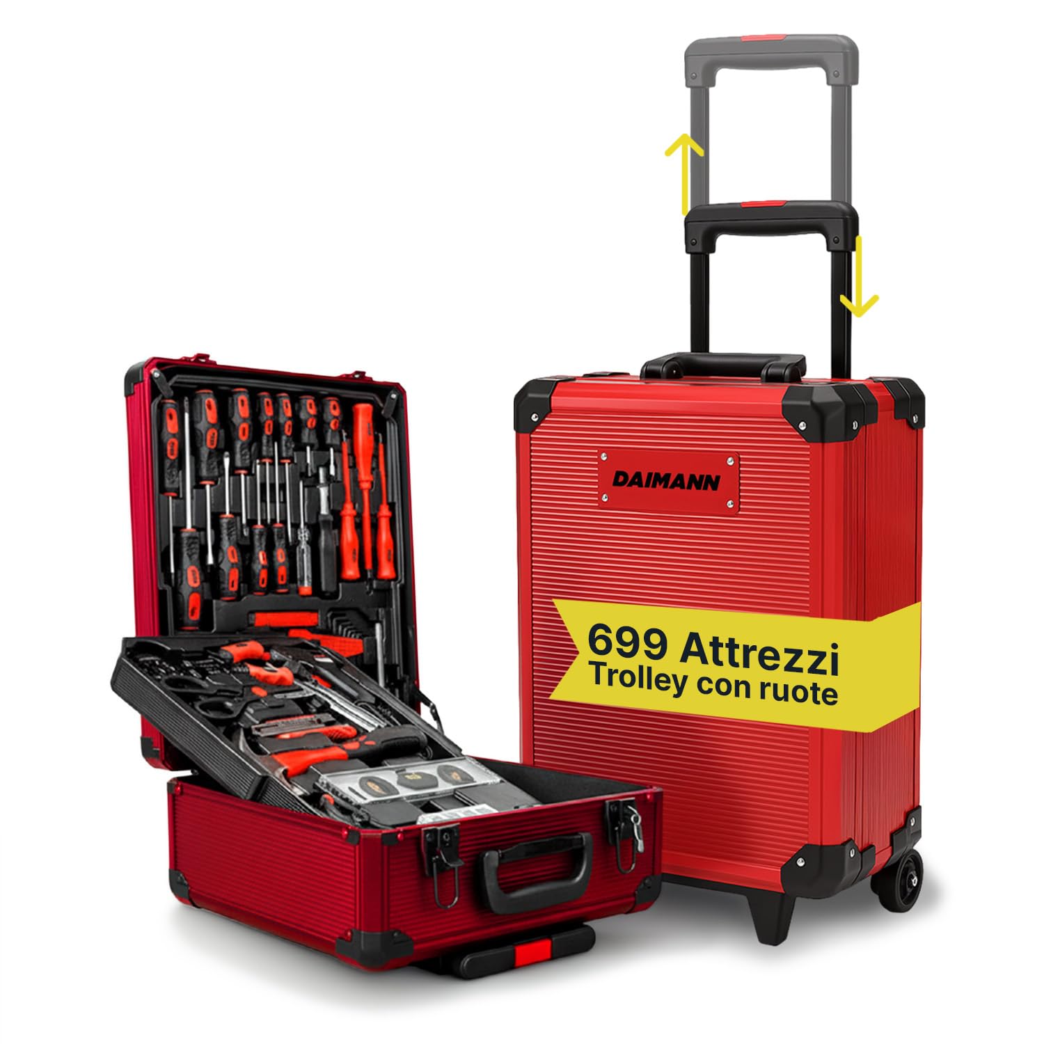 WINTEM - Trolley Porta Attrezzi 699 Pezzi Inclusi, cassetta Attrezzi Completa, Acciaio Cromo-Vanadio (CR-V) - Ruote Silenziate, Manico Telescopico e 4 Vassoi Estraibili - Kit Utensili, Casa e Officina
