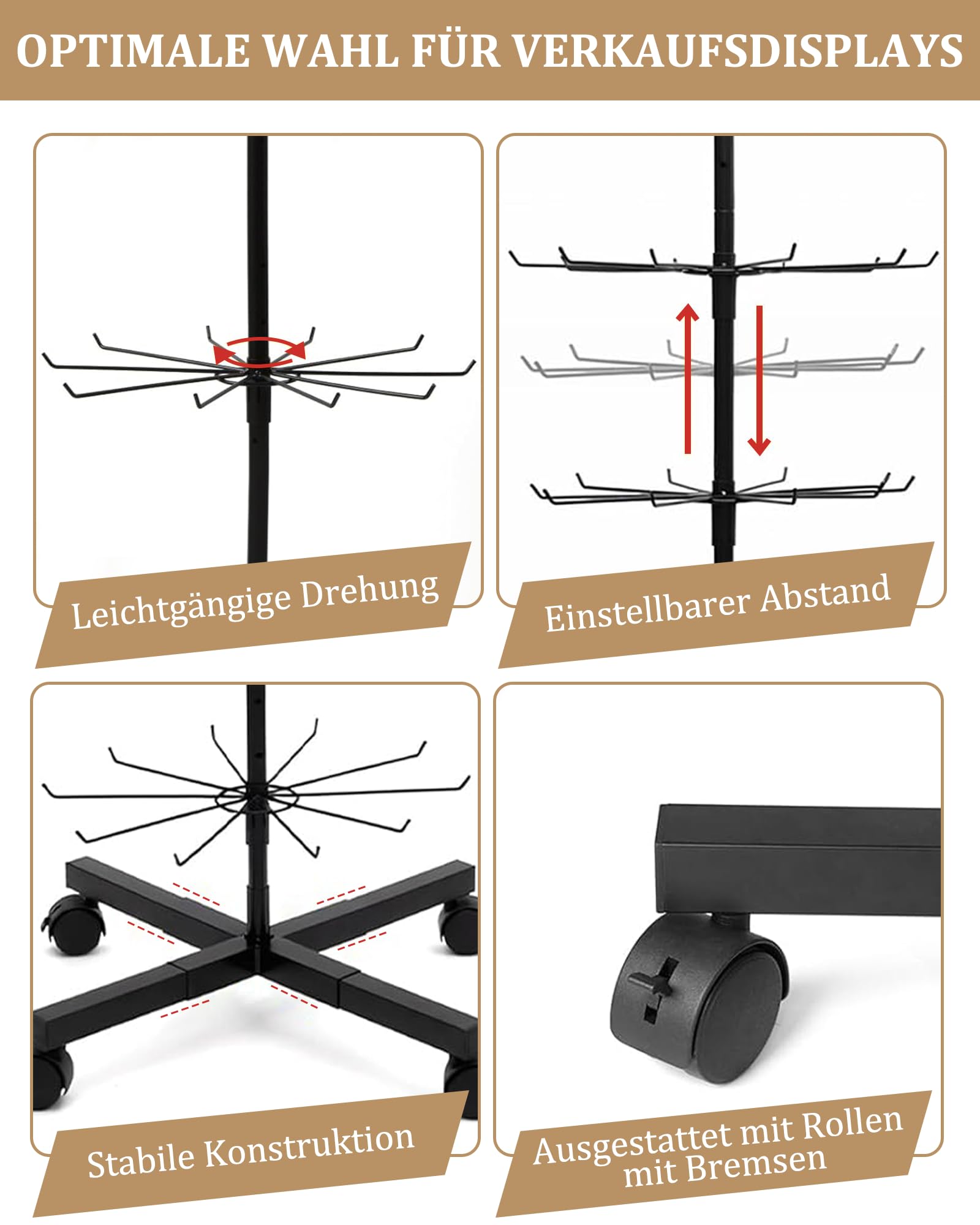 7-stufiger Verkaufsständer Drehbar - Metall Displayständer mit Haken | Rotierender Displayständer Rotierendes Verkaufsregal für Schmuck Schlüsselanhänger Socken Schals und Hüte im Einzelhandel