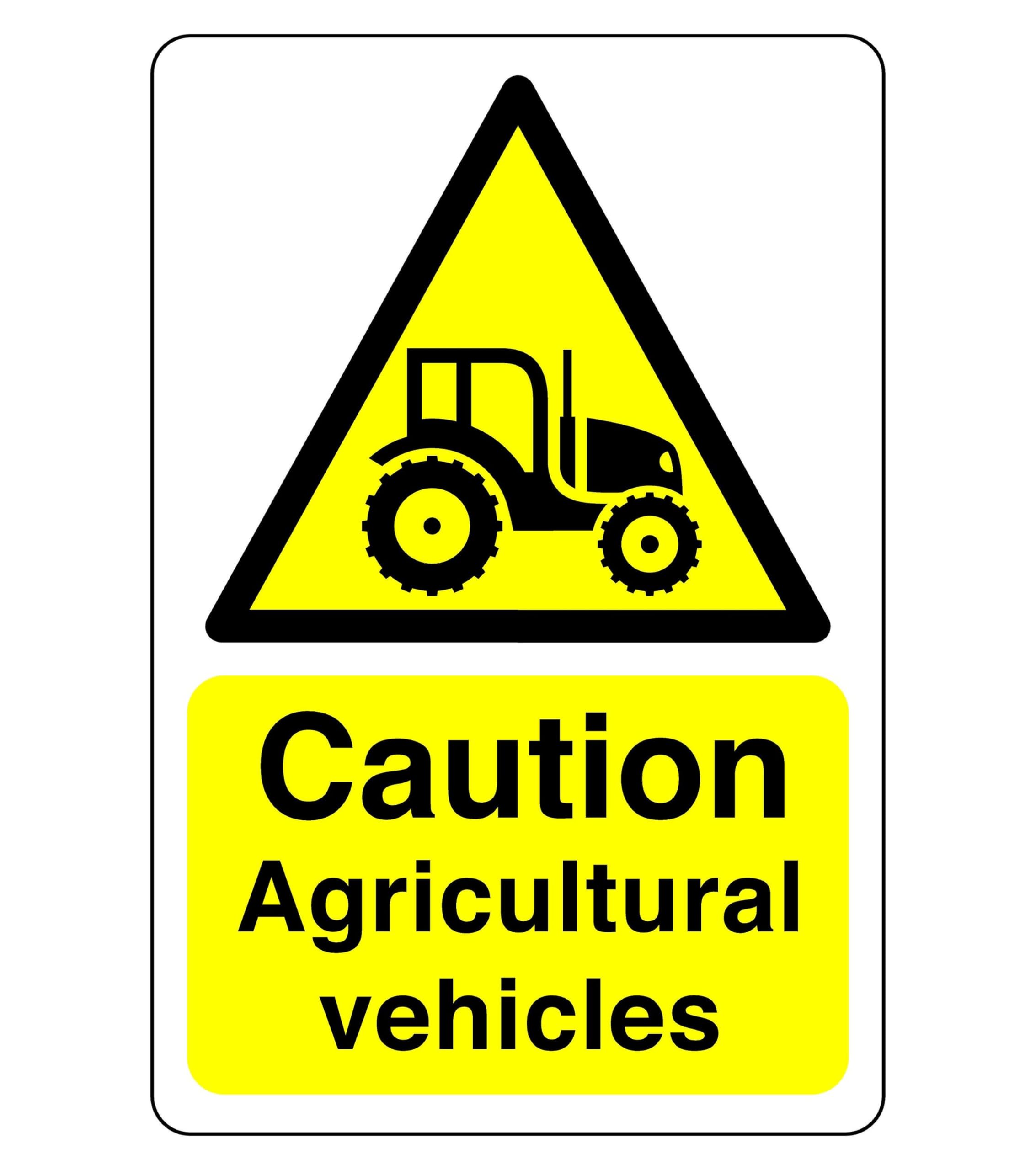 Caution agricultural vehicles sign - High tack self-adhesive sticker (600mm x 400mm) Viewing Distance within 20m.