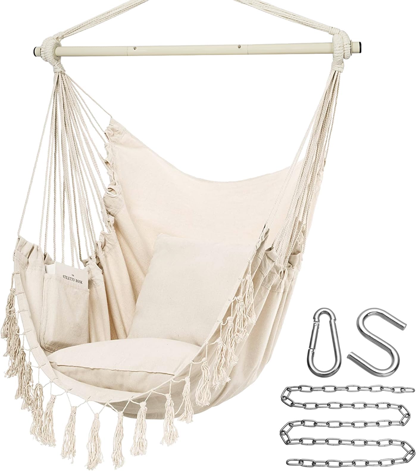 Y- STOP Y-STOP Hammock Chair Hanging Rope Swing, Max 330 Lbs, 2 Cushions Included, Large Macrame Hanging Chair with Pocket, Quality Cotton Weave for Superior Comfort, Durability, Beige