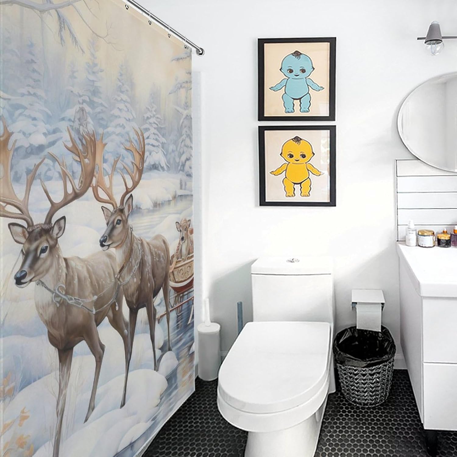 Snowy Day Sleds Deer Funny Shower Curtains Washable Bath Curtain Liner with Hooks for Bathroom Bath Tubs