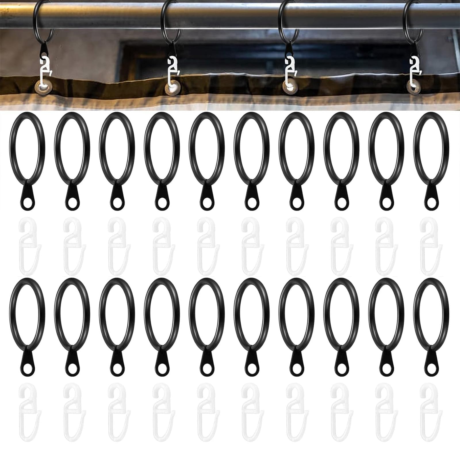 Gdqqoywqt Black, White 20 Pack Curtain Rings, 30Mm Inner Diameter Silent Glide Rings For Curtain Rods, Made Of Metal Material, Sturdy And Durable, Shower Drapery,Black