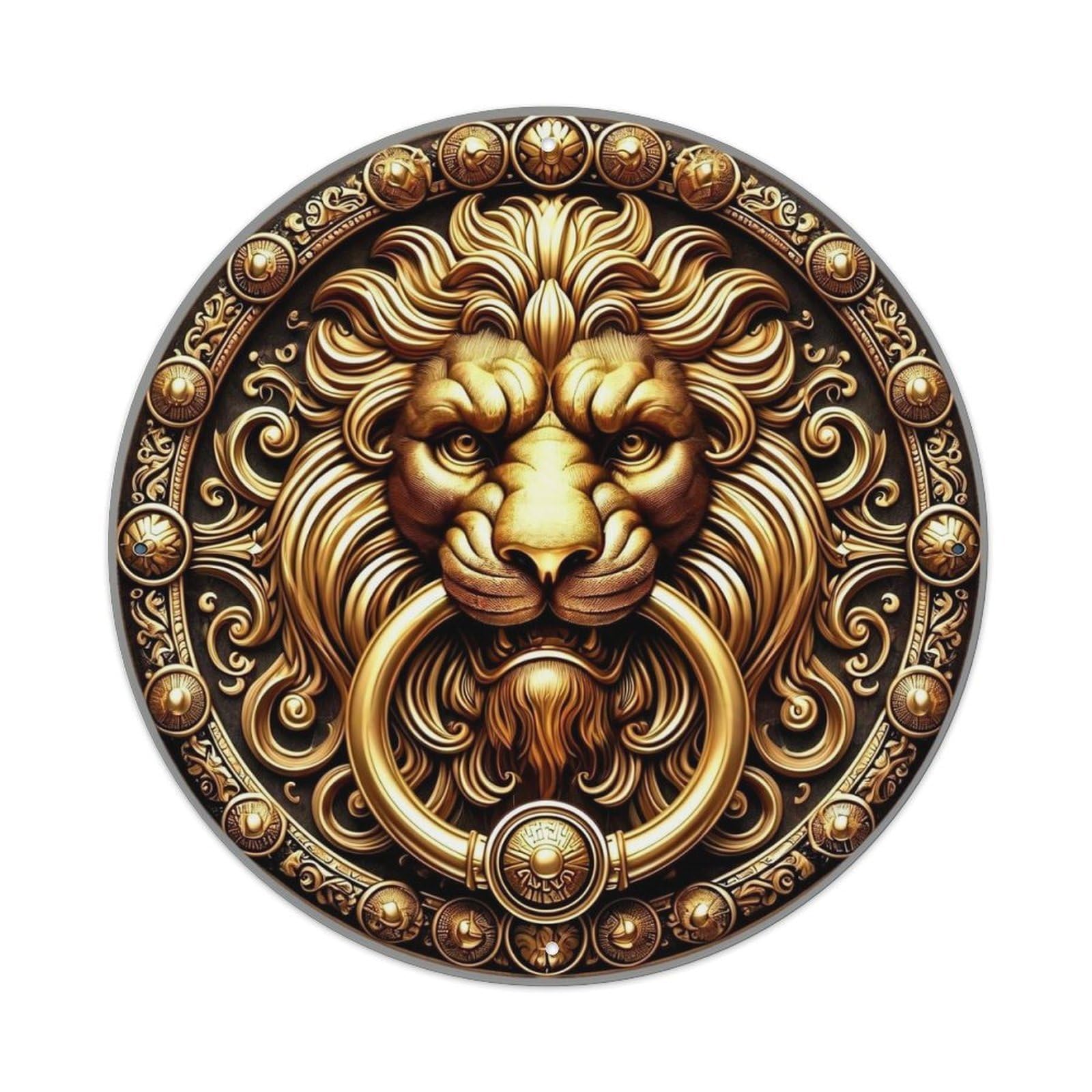 Ornate Golden Lion Head Design Vintage Metal Tin Sign Retro Wall Decor for Home Bar Garage Cafe, Indoor & Outdoor Decorative，circle Metal Poster, 8x8 Inch