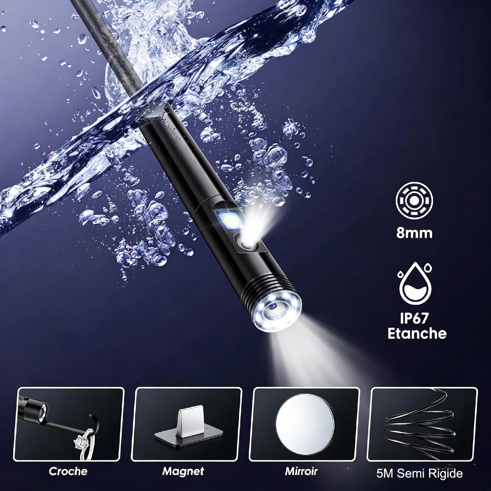 Caméra Endoscope avec lumière, Serpent Semi-Rigide de 5 m, caméra Endoscope HD 1920p avec 8 LED réglables, étanchéité IP67, 8 mm, Inspection pour iOS et Android (Double Objectif)
