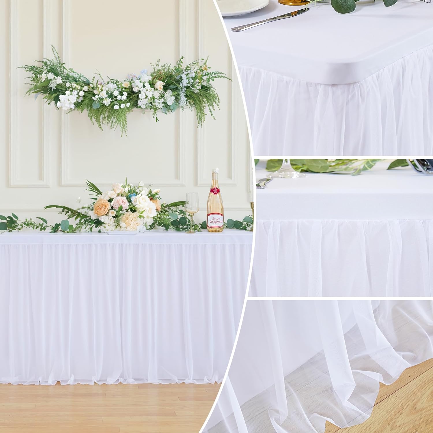 6 Pack 6ft White Table Cloths Rectangle Tulle Tablecloth Fitted White Tablecloths for 6 foot Rectangle Tables Stretch Spandex Table Cover for Parties Wedding Birthday Events Banquet Desk Table Skirt