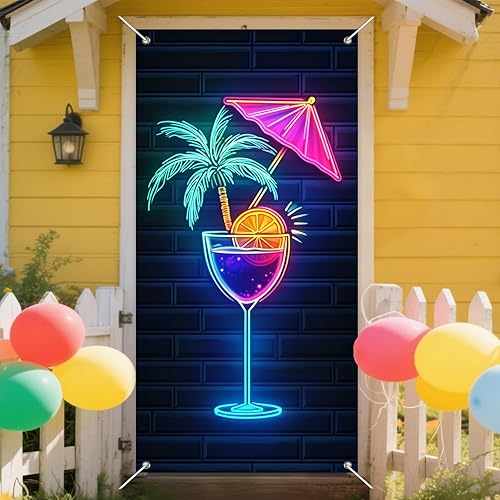 Miniatura 7 de IVN Cubierta para puerta de cóctel de neón, póster de luz LED, diseño de palmera y paraguas con rodaja naranja, vibrante brillo de neón de 12 x 18