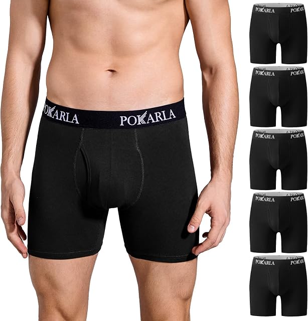 POKARLA 5 Pack Men's Stretch Boxer Briefs Soft Cotton Open Fly Tagless Underwear Regular Leg
