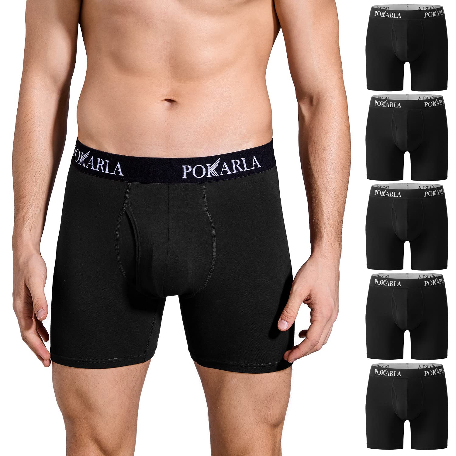 POKARLAMens Stretch Boxer Briefs Soft Cotton Open Fly Tagless Underwear Regular Leg