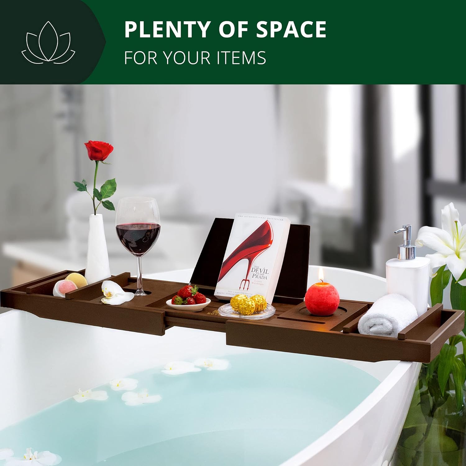 Luxury Bamboo Bathtub Caddy Tray - Adjustable Organizer Tray for Bathroom with Free Soap Dish (Brown) : Home & Kitchen