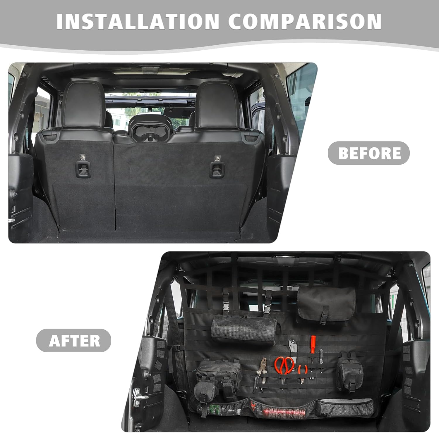 Jimen Compatible with Jeep Wrangler JK JL 4 Door 2007-2023, Back Seat Cargo Net | Trunk Organizer with Storage Pockets & Molle System | Dog Pet Barrier