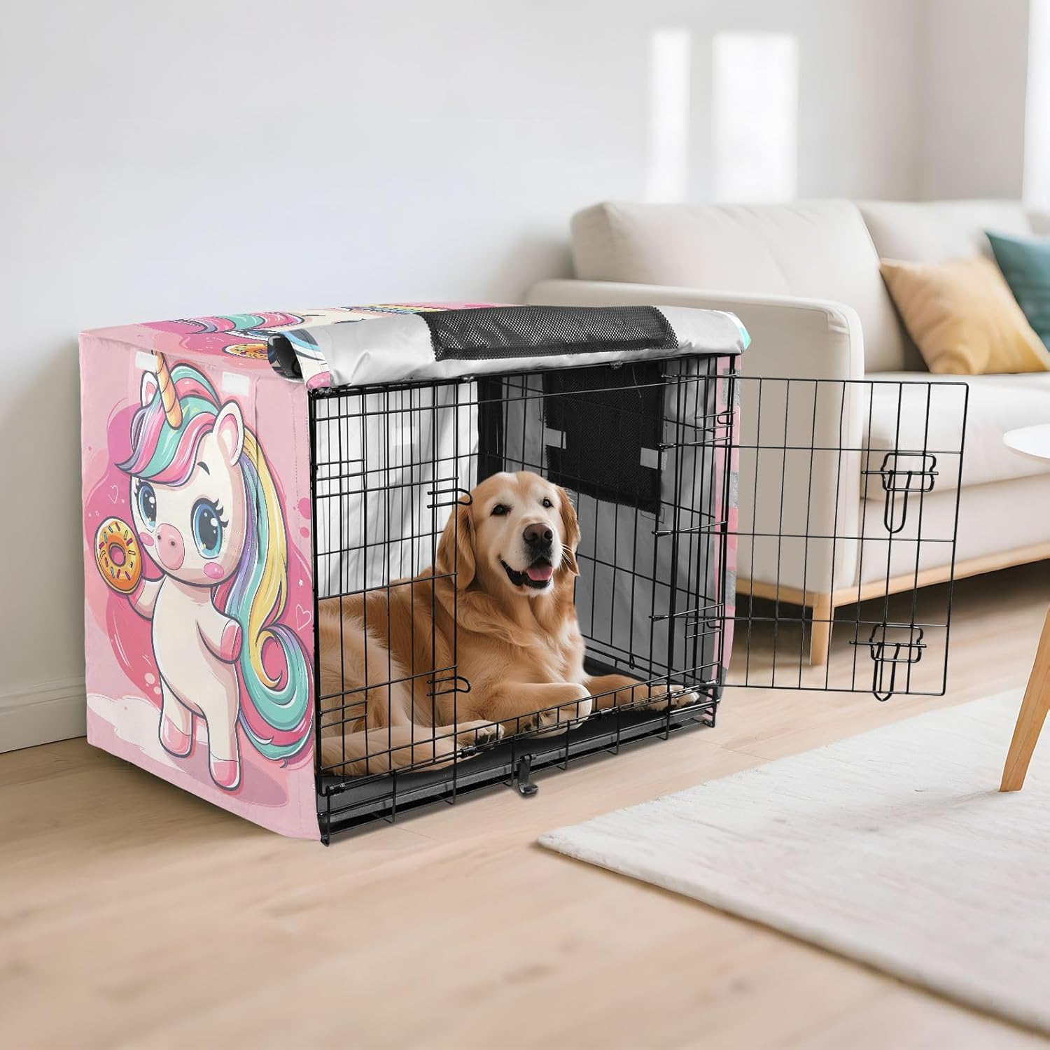 Cartoon Unicorn Dancing Pose Dog Crate Covers Mesh Window Panels, Pet Cage Cover with Openings, X-Large