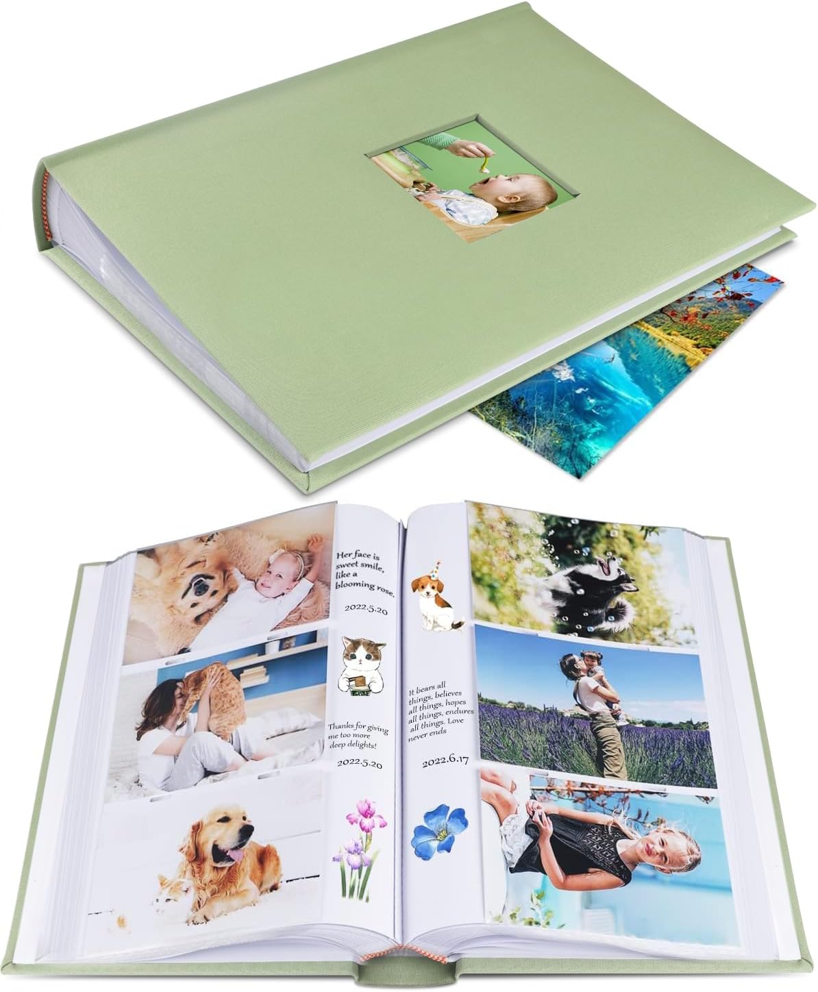 1DOT2 Photo Album 4x6 Hold 402 Photos with Memo Slip-in Pockets Photo Book, Linen Cover Picture Photo Albums with Writing Space for Wedding Family Baby Vacation Mother's Day Sage Green