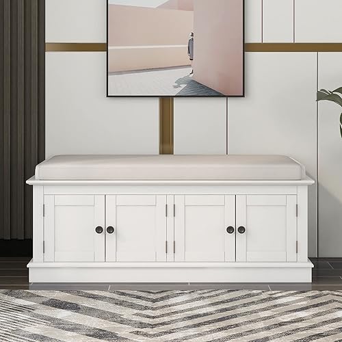 Otomana moderna de almacenamiento con asiento acolchado Comfoy, zapato de entrada de 43 pulgadas de largo, con 4 puertas y estantes ajustables, disponible en Yaxa El Salvador