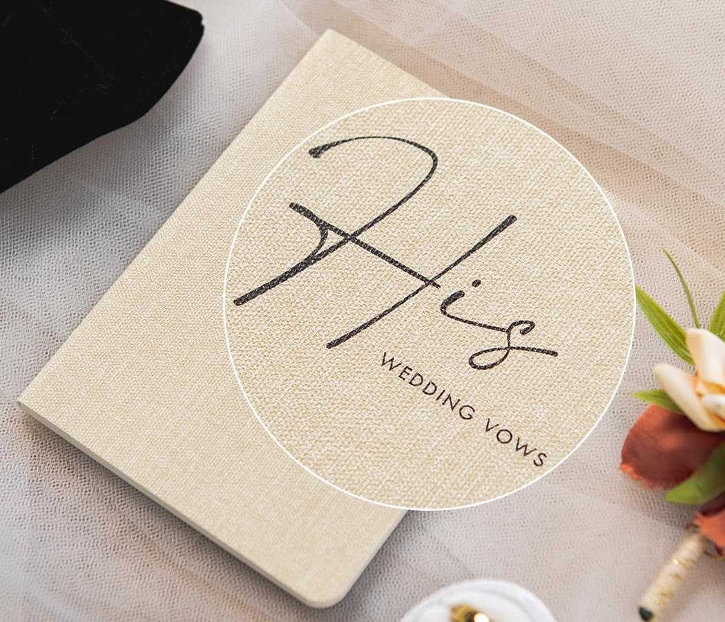 Slim Vow Books (Set of 2 - Design 4) - Soft Cream Canvas Linen Textured Cover Wedding Vow Booklets, Ceremony Speech Promise Notebook Journal, Gift for Newly Engaged Couple, 48 Lined Pages, 5.75" x 4"