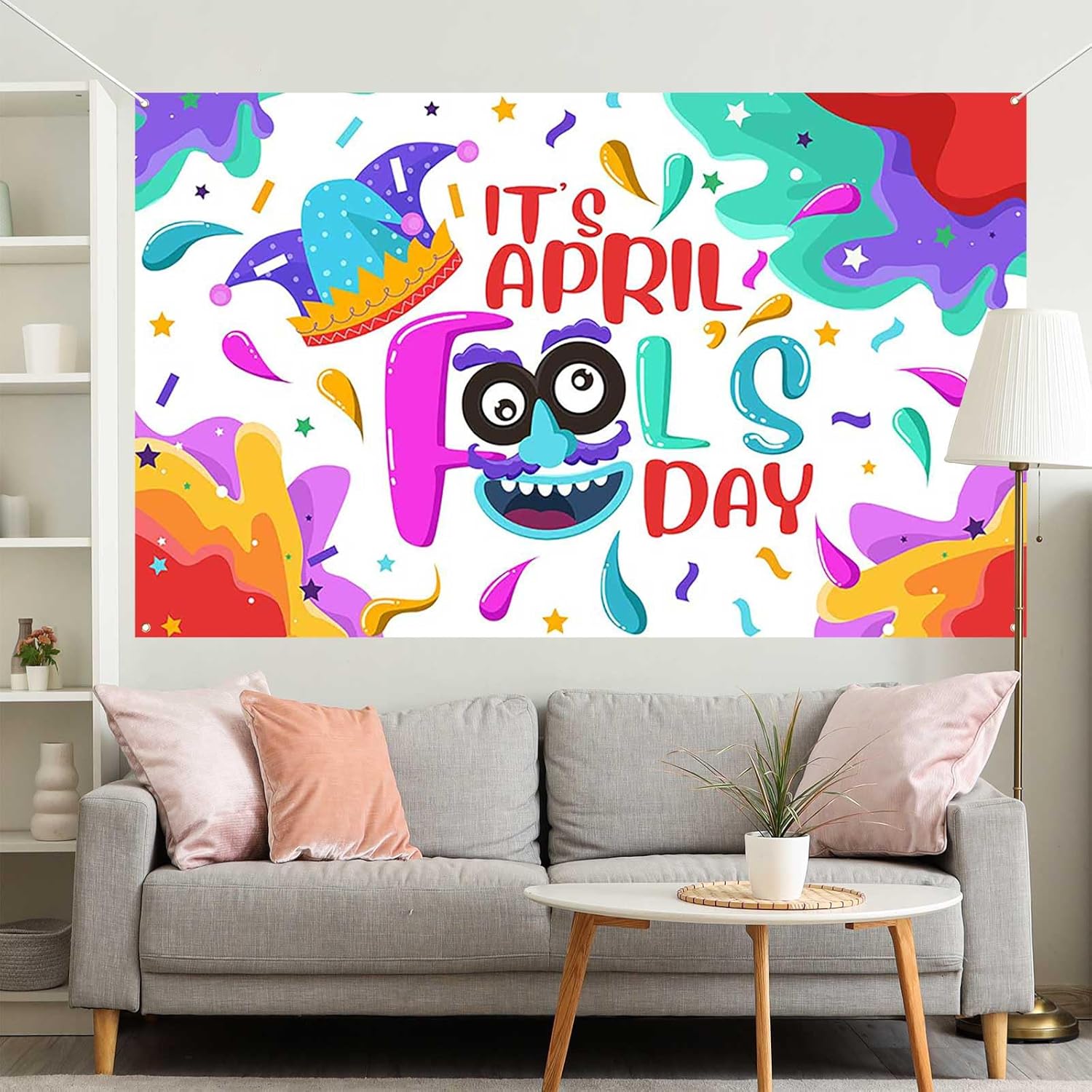 Aperturee April Fools'Day Banner - 70.8 x 43.3 Inch Colorful Funny Jester Hat and Mask Backdrop Party Decoration for Pranks