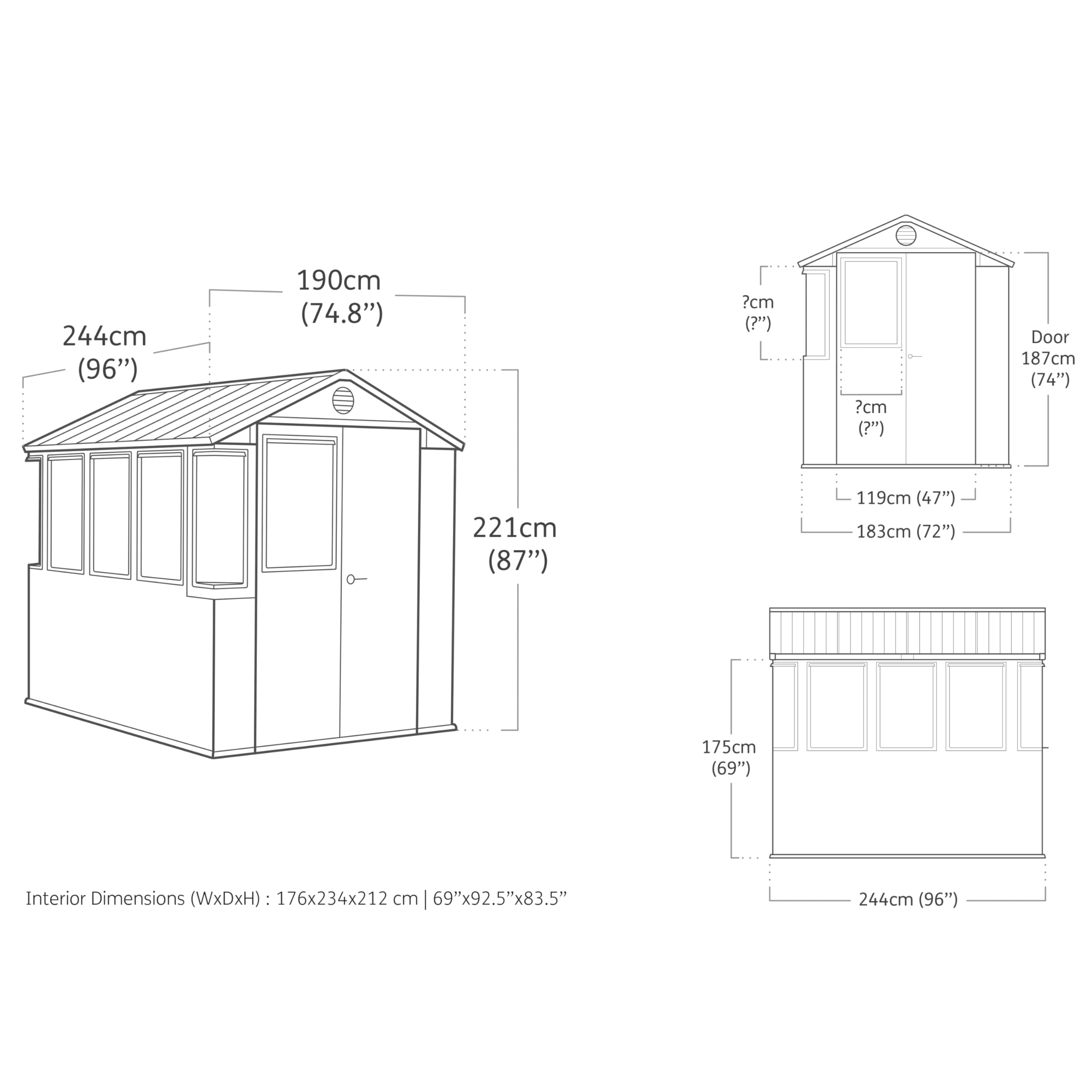 Keter Darwin Gewächshaus 244x190x221cm Grün - Treibhaus aus Kunststoff mit Satteldach & 5 Belüftungsfenstern