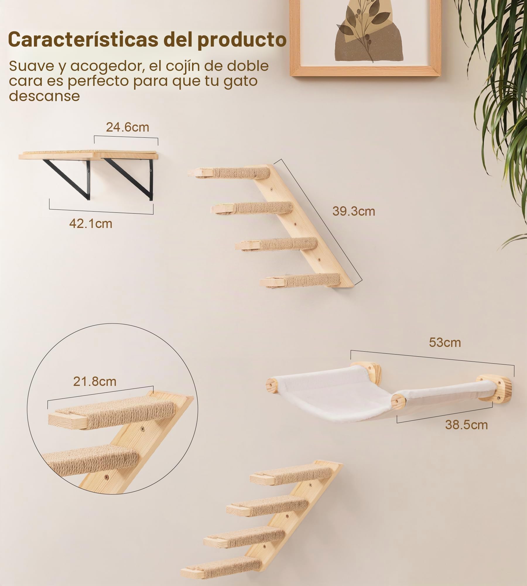 Hamaca para gatos, cama y percha montada en la pared, muebles de pared para gatos con 2 escalones, estantes de madera para gatos, para dormir, jugar, escalar, descansar