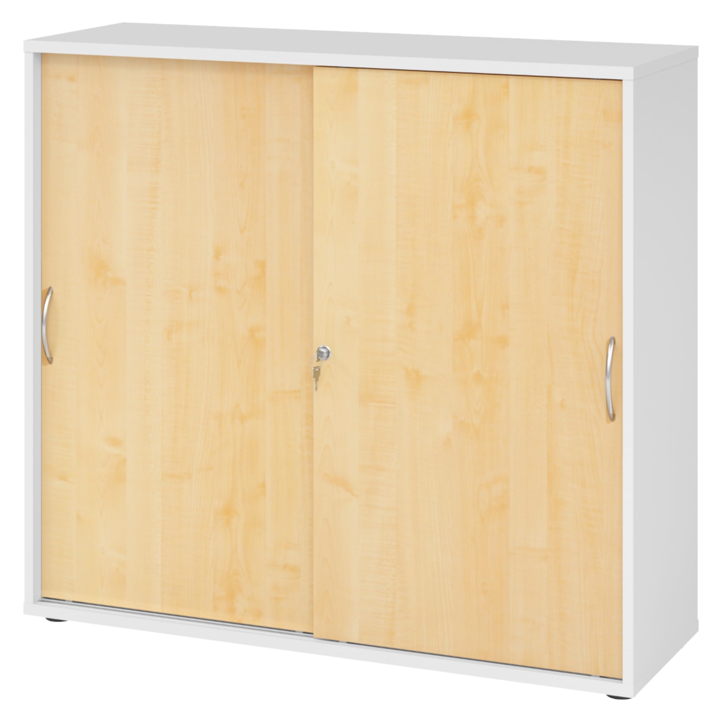 bümö Schiebetürenschrank 3OH - Aktenschrank abschließbar, Sideboard Schrank mit Schiebetüren in Weiß/Ahorn, Bogengriff - Büroschrank aus Holz mit Schiebetür, Büro Kommode für Ordner & Co.