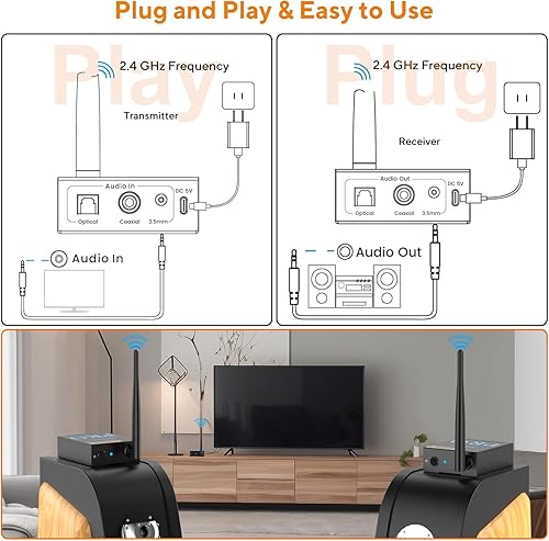 Miniatura 6 de 1Mii Receptor transmisor de audio inalámbrico 3 en 1 de 2.4 GHz para 2 subwoofers activosaltavoces activos, baja latencia de 20 ms, HiFi de 192