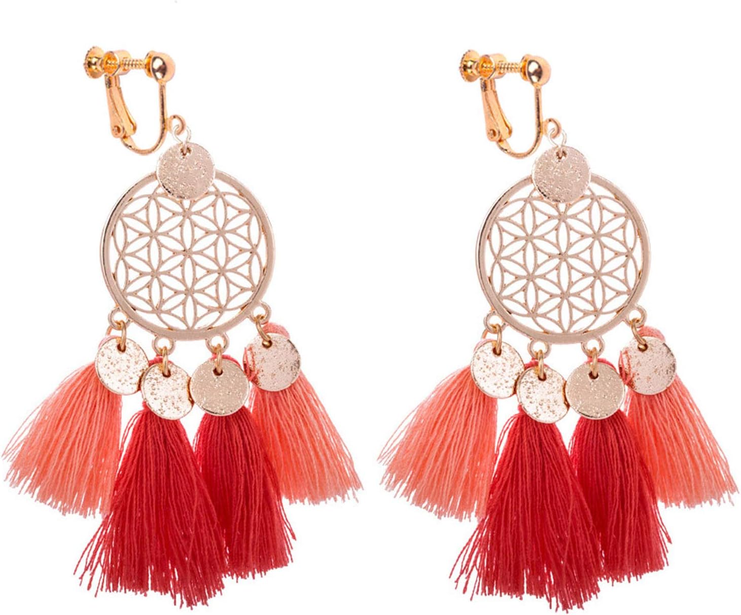 Tassel Clip on Earrings Dream Catcher for Women Girls Bohemian Drop Dangle Long Thread Boho Fringe Red