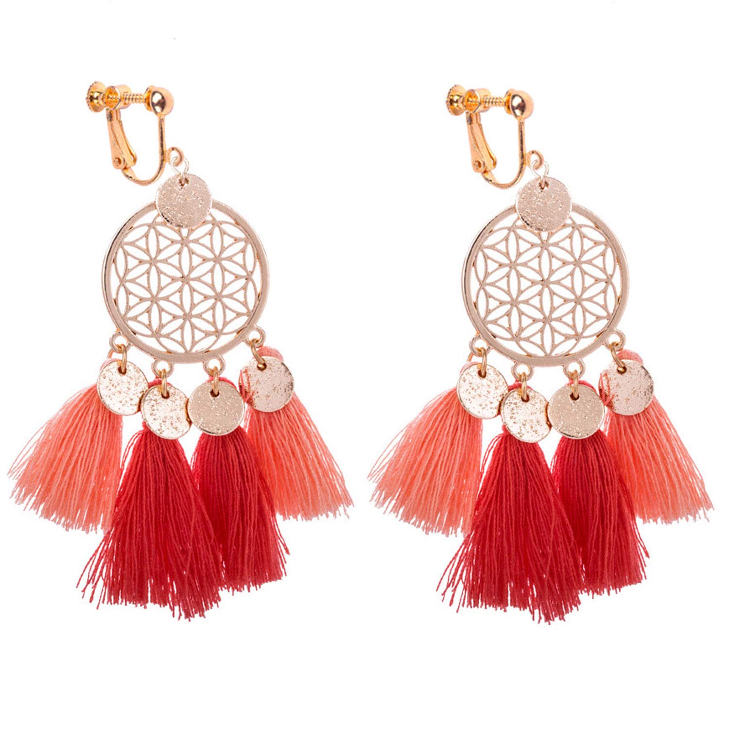 Tassel Clip on Earrings Dream Catcher for Women Girls Bohemian Drop Dangle Long Thread Boho Fringe Red