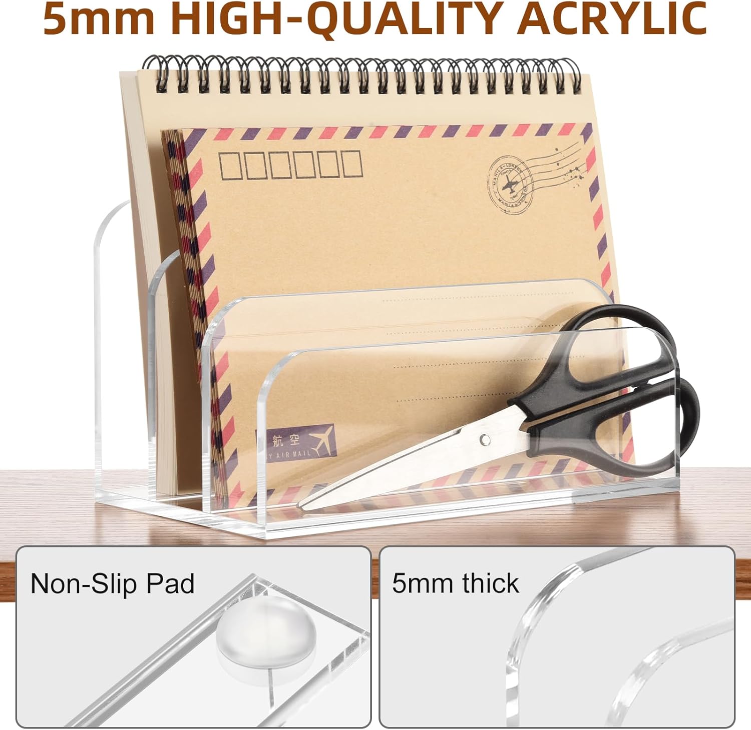 Acrylic Mail Organizer 3 Section, Clear Desktop Mails Sorter Office File Holder, Multifunction Acrylic Desk Organizer for Document, Letter, Notebook