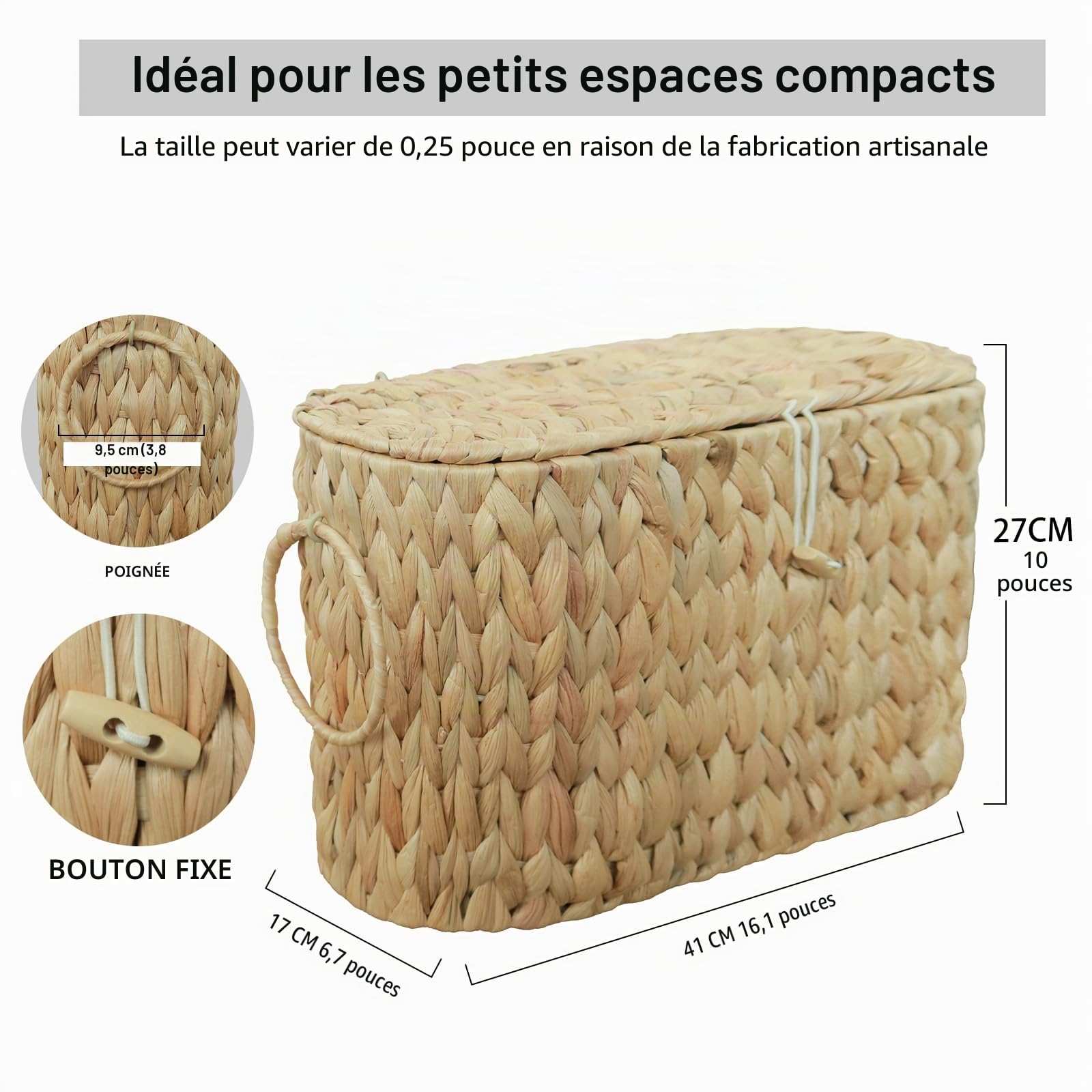 Coeusy Panier à papier toilette avec couvercle, organisateur et rangement, peut contenir jusqu'à 6 méga rouleaux, accessoires décoratifs en rotin tissé à la main, jacinthe d'eau naturelle