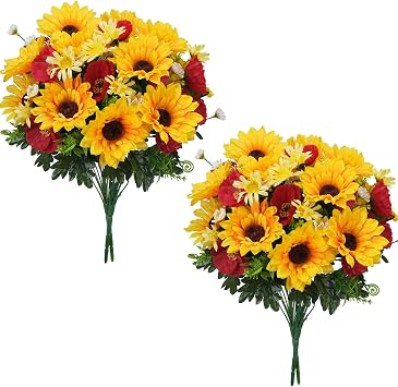 4Pcs Fall Cemetery Flowers for Grave Faux Sunflowers with Daisy Poppy