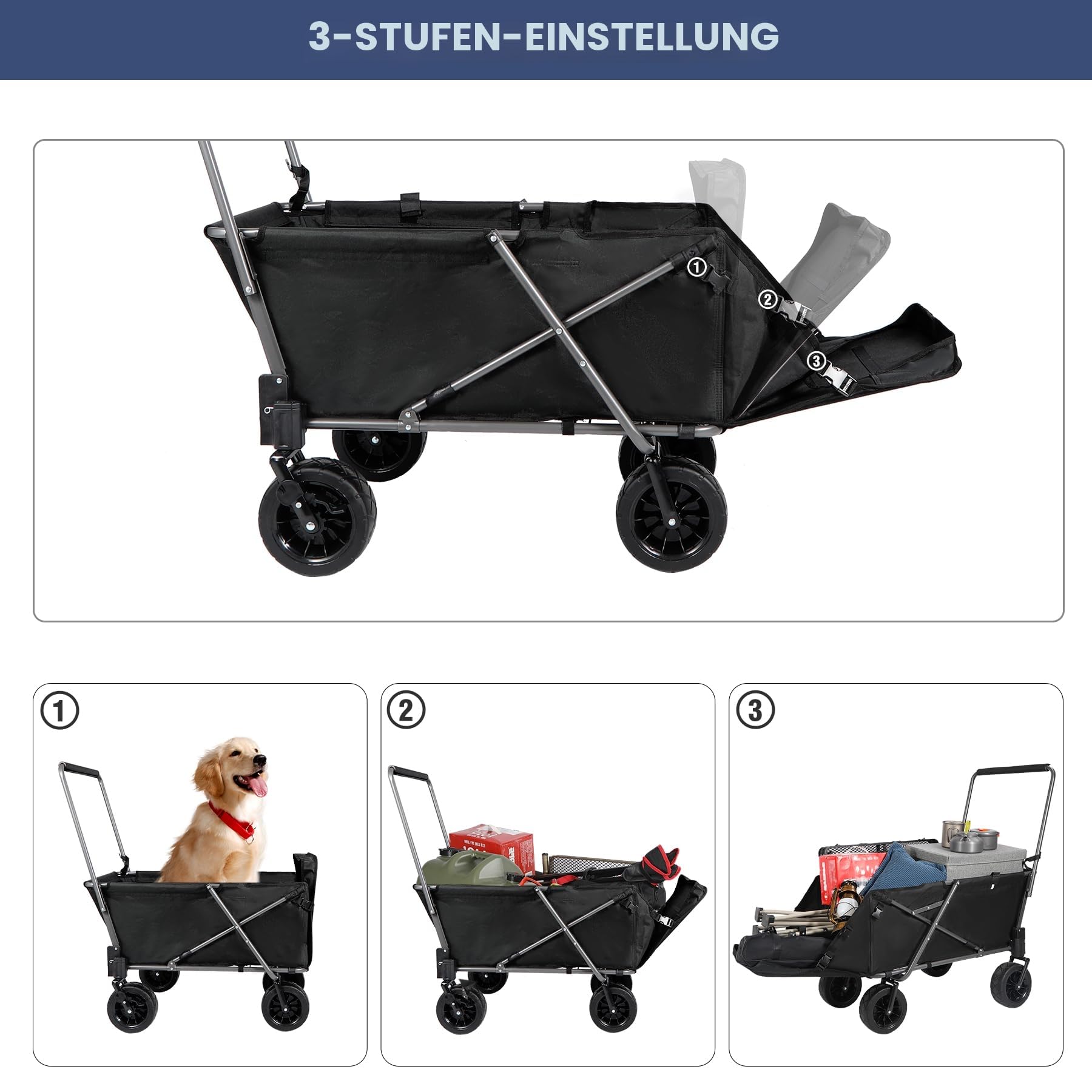REDcamp Faltbarer Hundewagen mit ausziehbarem Hinterende, sehr robust, 134 Liter, Campingwagen mit Rädern für Sport und Shopping