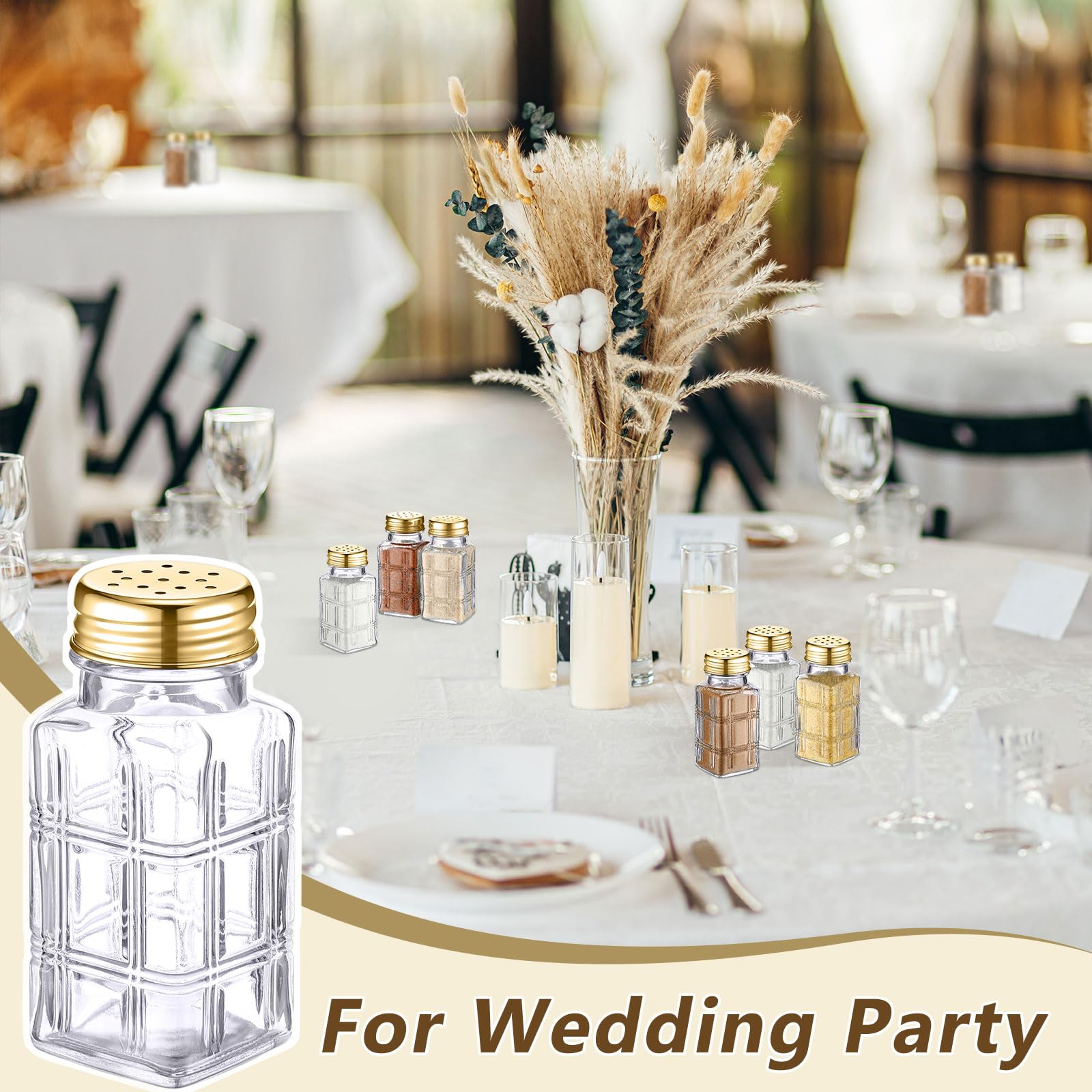 Bokon Salzstreuer aus Glas mit Edelstahldeckel, 76,5 ml, kleiner Gewürzstreuer für Küche, Restaurants und Catering, Hochzeit, Partyzubehör (Gold, flaches Gitter), 48 Stück
