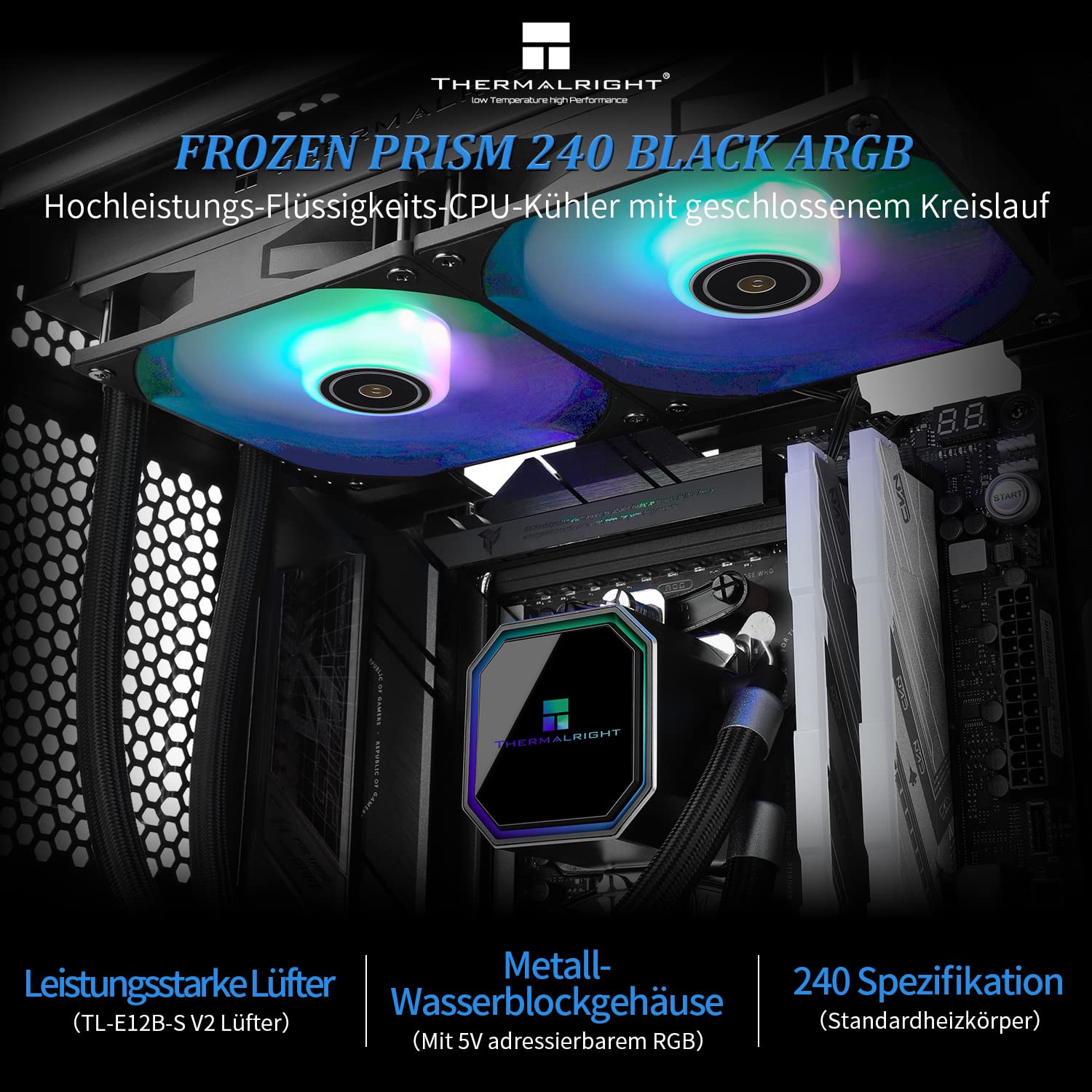 Thermalright Frozen Prism 240 Black ARGB Dissipatore ad acqua liquida per CPU con ventola PWM, dissipatore di calore a raffreddamento ad acqua integrato per AM4/AM5, Intel LGA1700/115x/1200/1851