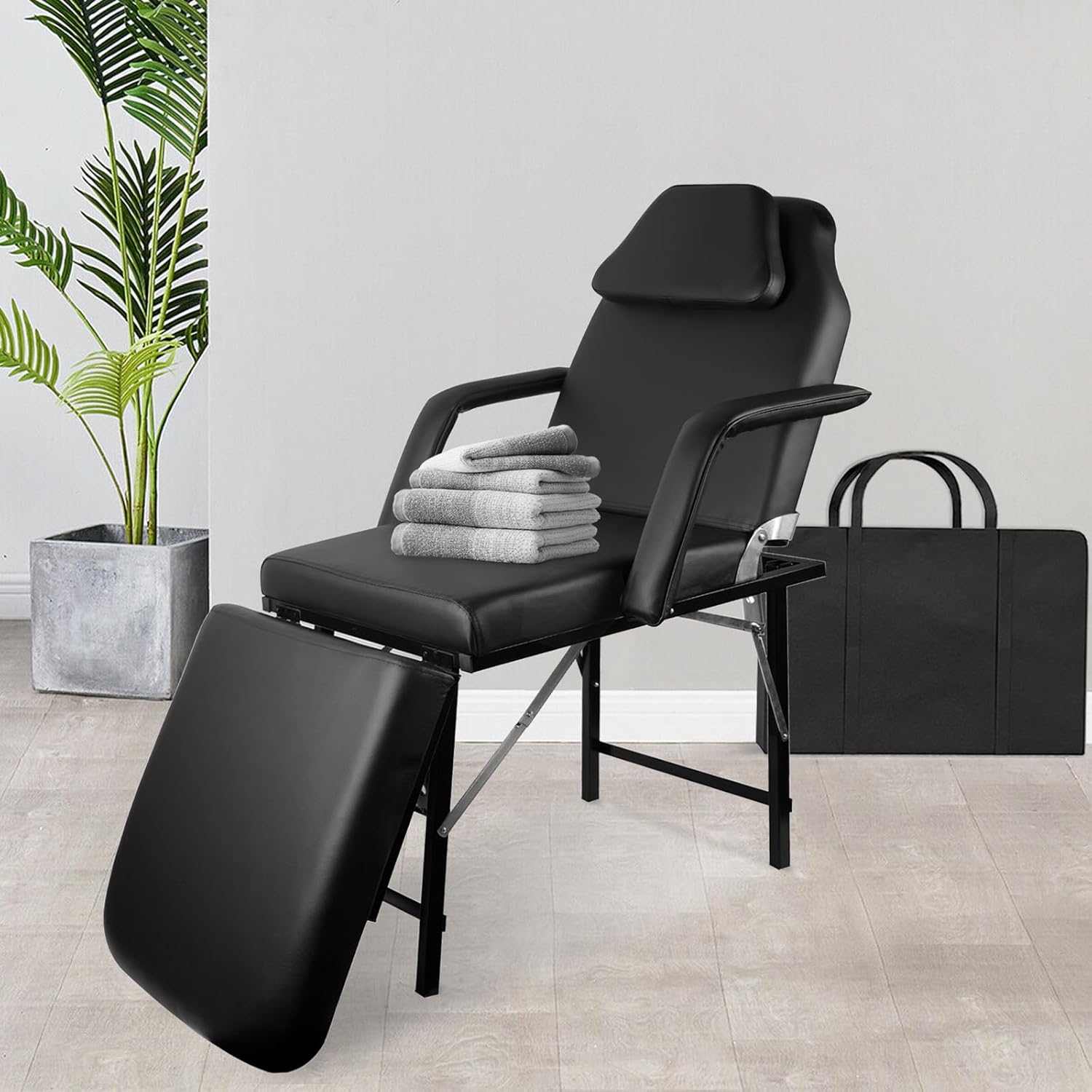 FozsKeylf Portable Tattoo Chair, Foldable Massage Table Facial Bed, Professional Spa Chair with Carrying Bag, Adjustable Esthetician Bed for Salon Beauty Barber (Black)