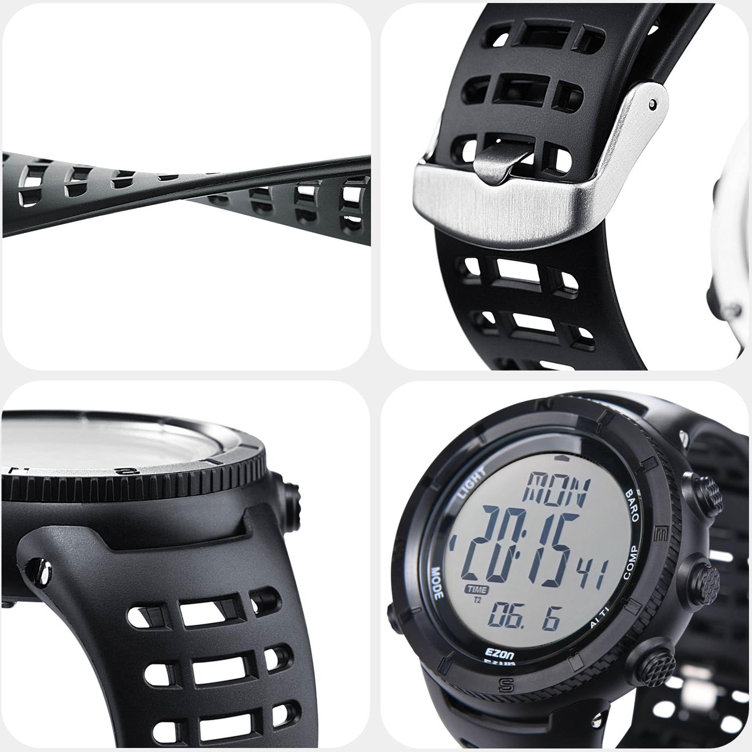 EZON H001 Orologio digitale militare da uomo, orologio tattico per attività all'aria aperta, con altimetro, barometro, bussola, termometro, alba/tramonto, timer, ideale per escursionismo, trekking e