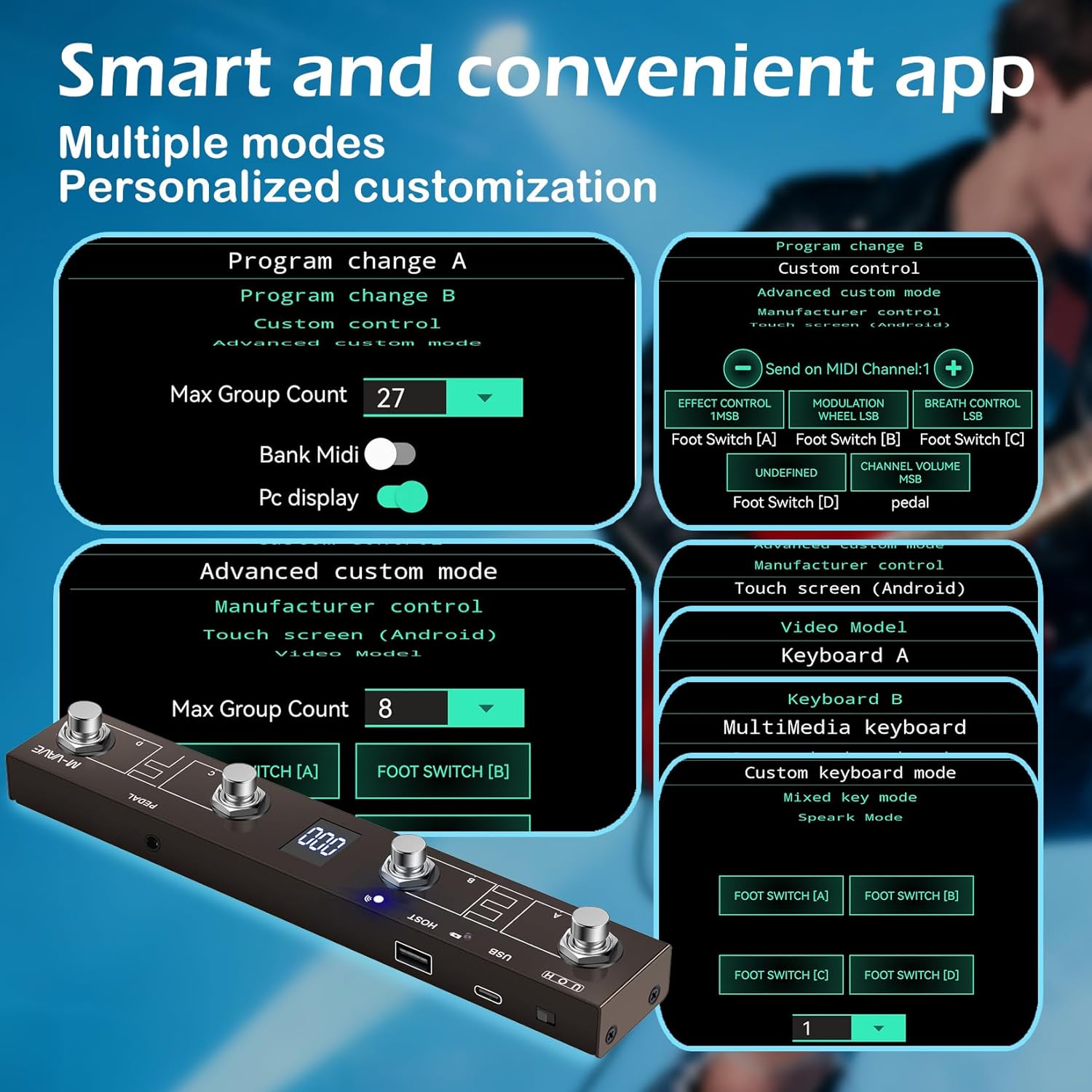 M-VAVE Chocolate Plus MIDI Footswitch Controller Pedal, 4 Buttons, USB Compatible, APP Control, Portable