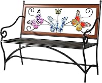 KINGBO 39.7" Cast Iron Outdoor Garden Bench with Butterfly Backrest, Slatted Wood Seat, Armrests - Patio, Lawn, Black