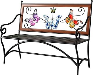 KINGBO 39.7" Butterfly Outdoor Bench with Armrests, Cast Iron Frame & Slatted Wood Seat for Garden, Patio, Porch - Black