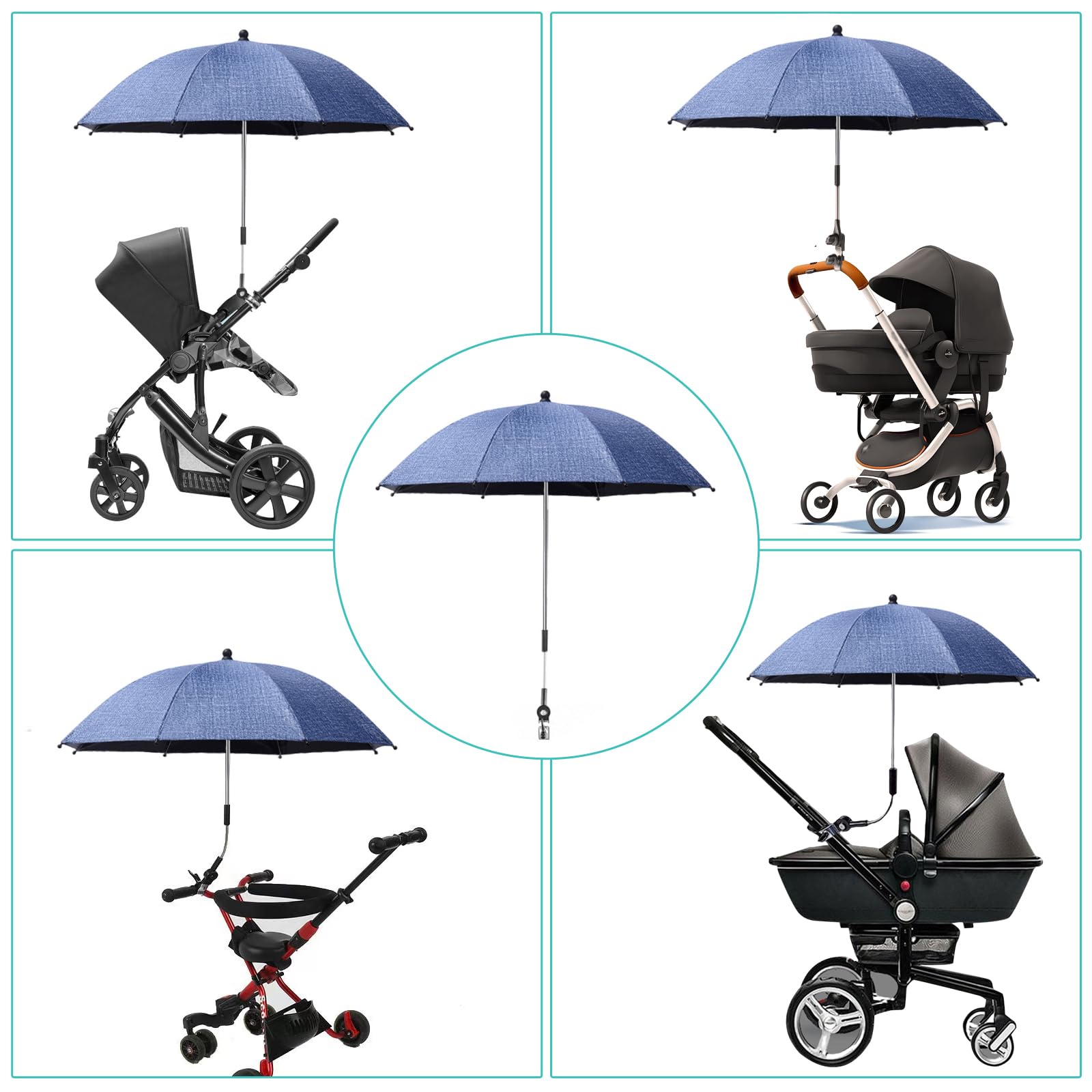 Parasol universel pour poussette et buggy, protection UV 50+/75 cm de diamètre, avec support en métal pour tubes ronds et ovales, réglable