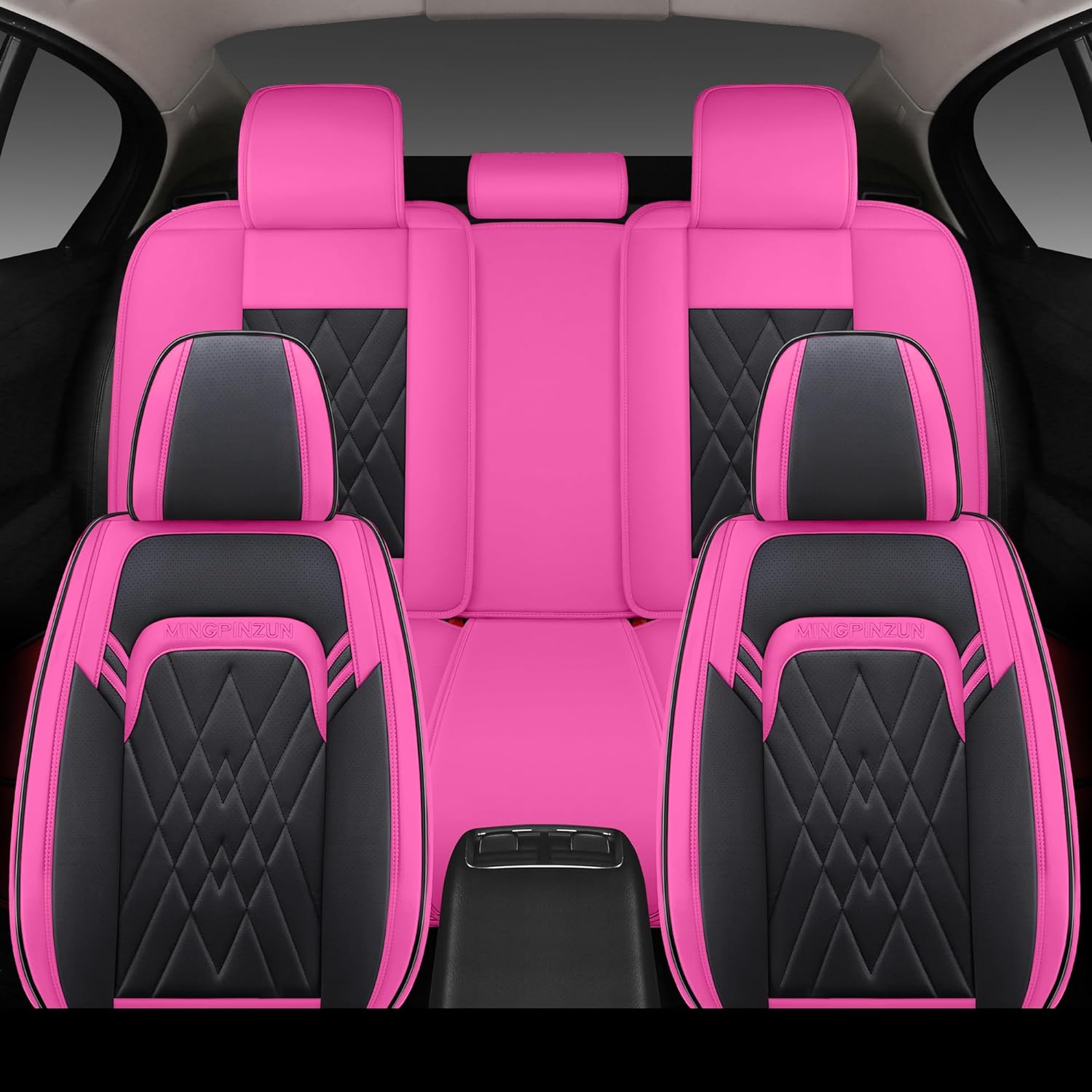 Quiln02 Leather Seat Cover 5 Seat Full, Universal Suitable for Most Cars, SUVs, Pickup Trucks, Airbag Compatible Car Seat Cushion Covers (Black&Rose)