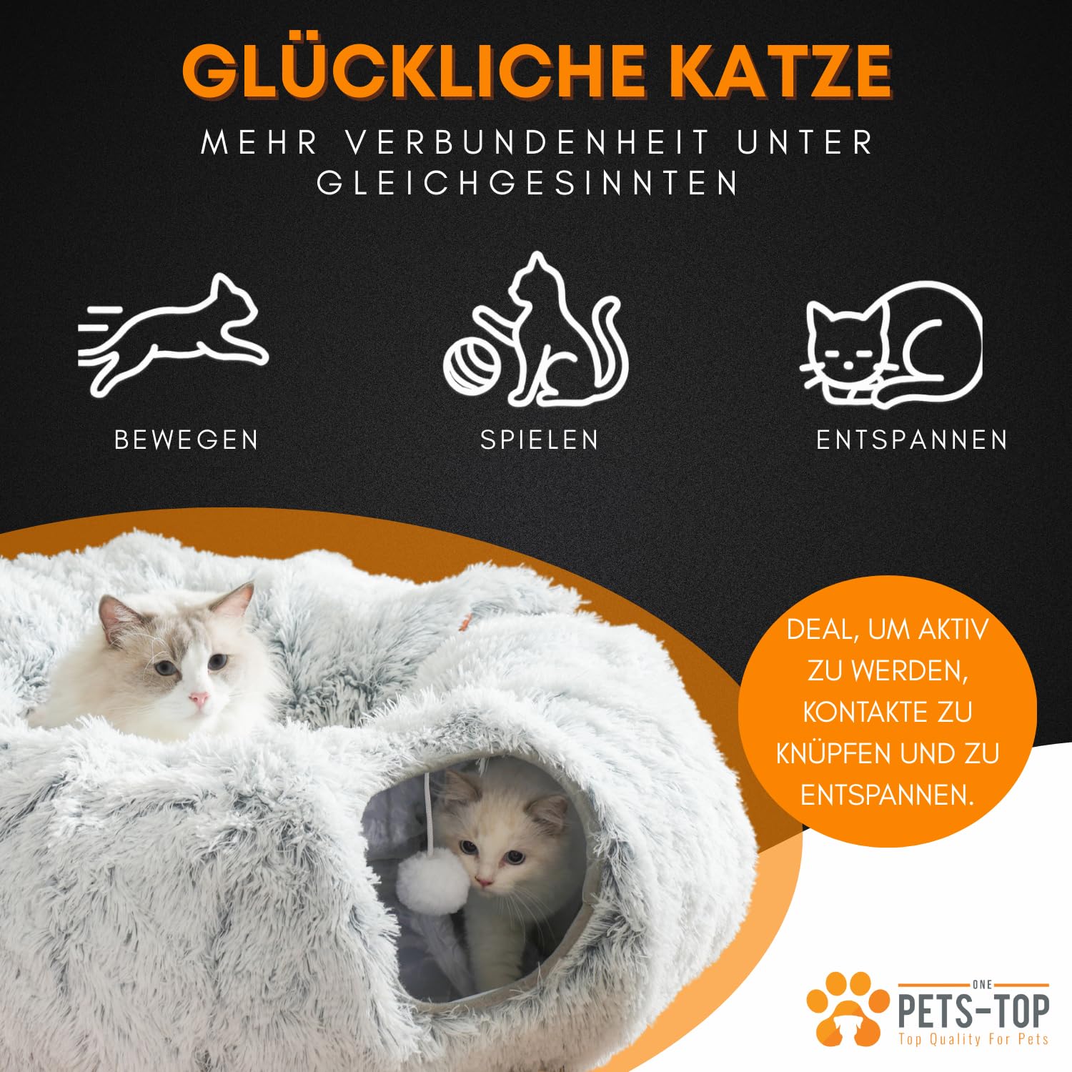 One PETS-TOP Katzentunnel – Tunnel für Katzen Rund mit Schlafplatz & Bed – Katzentunnel XXL Große Katzen – Donut Rascheltunnel aus Plüsch – Cat Tunnel