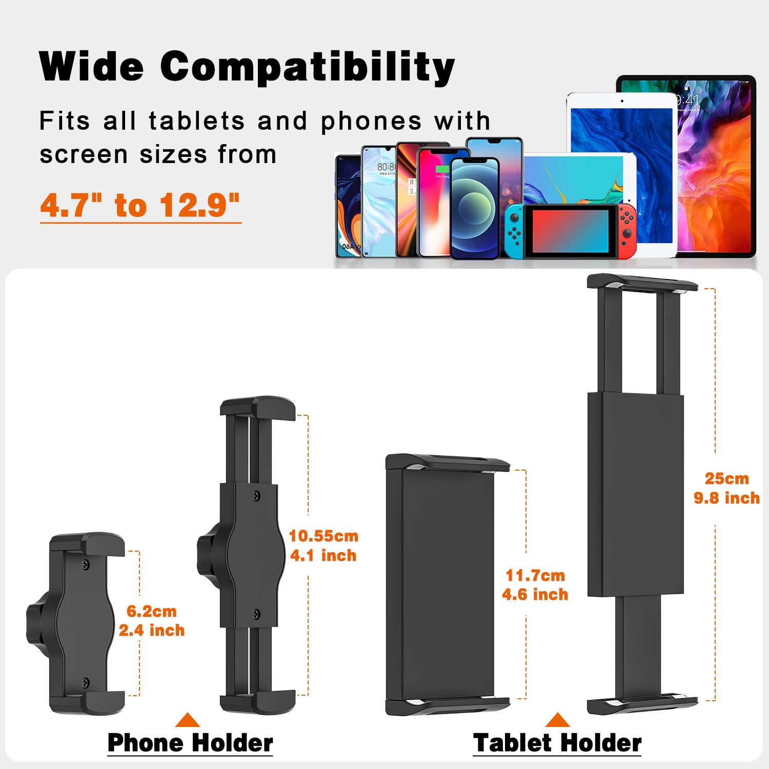 Support Universel Tablette Cenawin - Compatible Trépied, Pivot 360°, Pour IPad/Smartphone 4.7-12.9"