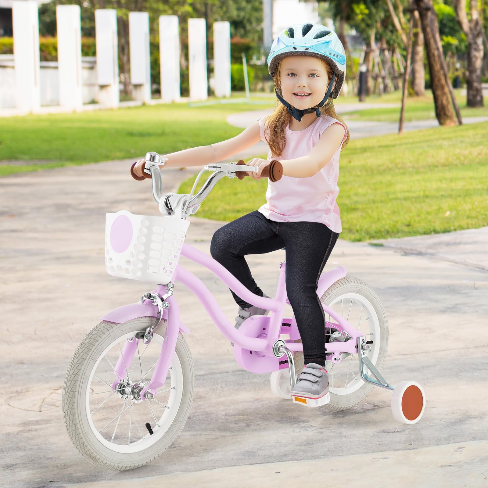 COSTWAY Kids Bike, 12 14 16 18 Inch Toddler Bike Children Bicycle w/Training Wheels, Hand & Coaster Brakes, Adjustable Saddle & Handlebar, Basket, Bell, Kids Bicycle for Girls Boys Aged 3-8 Years Old