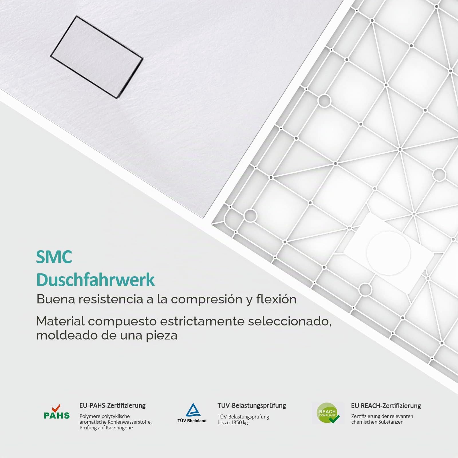 EMKE Plato de ducha 120 x 90 cm, plato de ducha plano antideslizante, SMC, bandeja de ducha recortable, color blanco