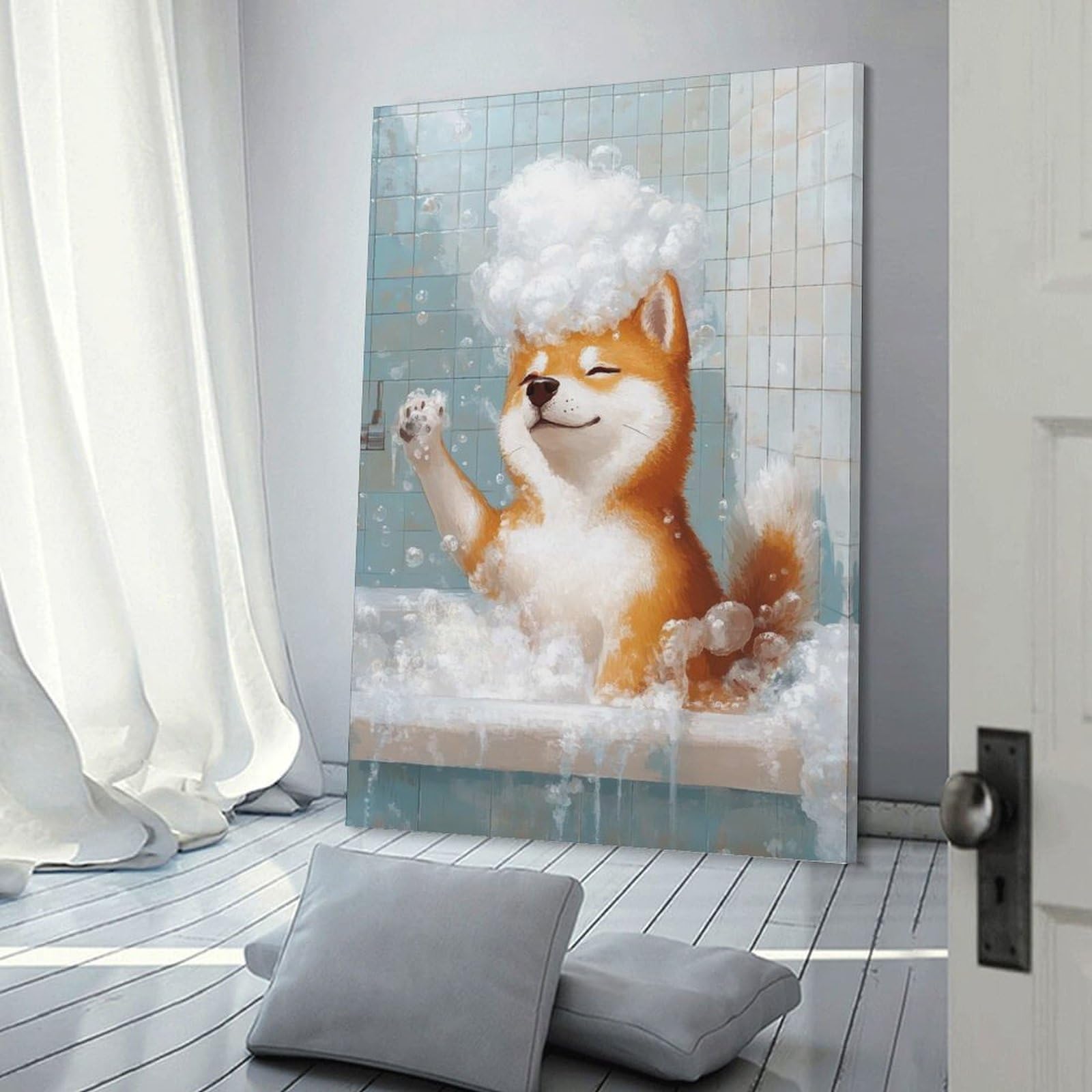 Junmoney Frame-Style-24 Shiba Inu Bath Time Wall Art Print, 20X30inch(50X75cm), For Office, Study Or Home Workspace, Decorative Artwork For Productive Spaces