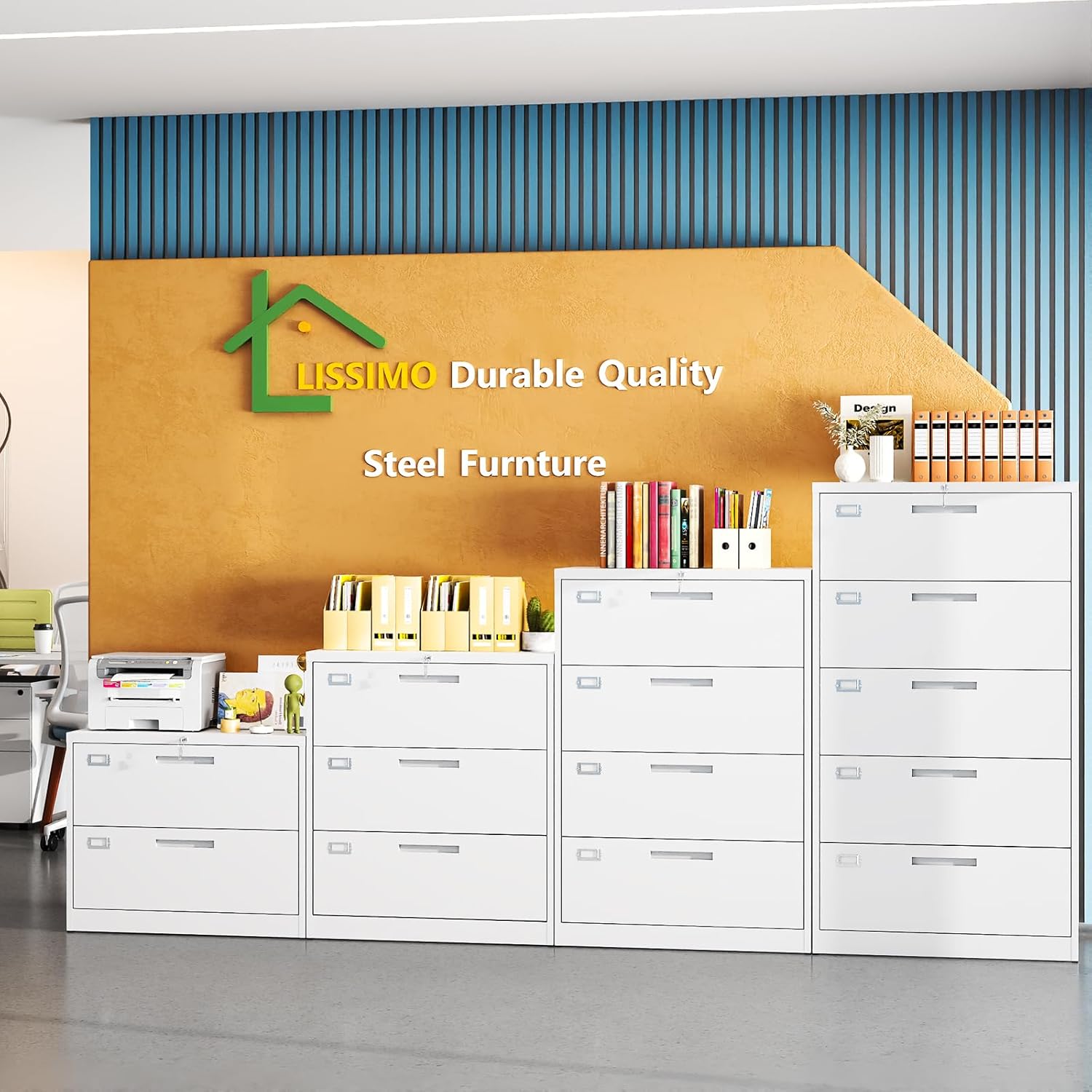 Metal 3 Drawer Lateral File Cabinet with Lock, Wide&Deep Filing Cabinet for Letter/Legal/F4/A4 Hanging Files, Includes Business Card Holder, Home Office School Storage