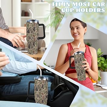 40 Oz Tumbler with Handle Stainless Steel Insulated Vacuum Duck Camouflage Vintage Travel Coffee Mug with Lid and Flip Straw Leak-proof Car Cup for Hot Cold Water